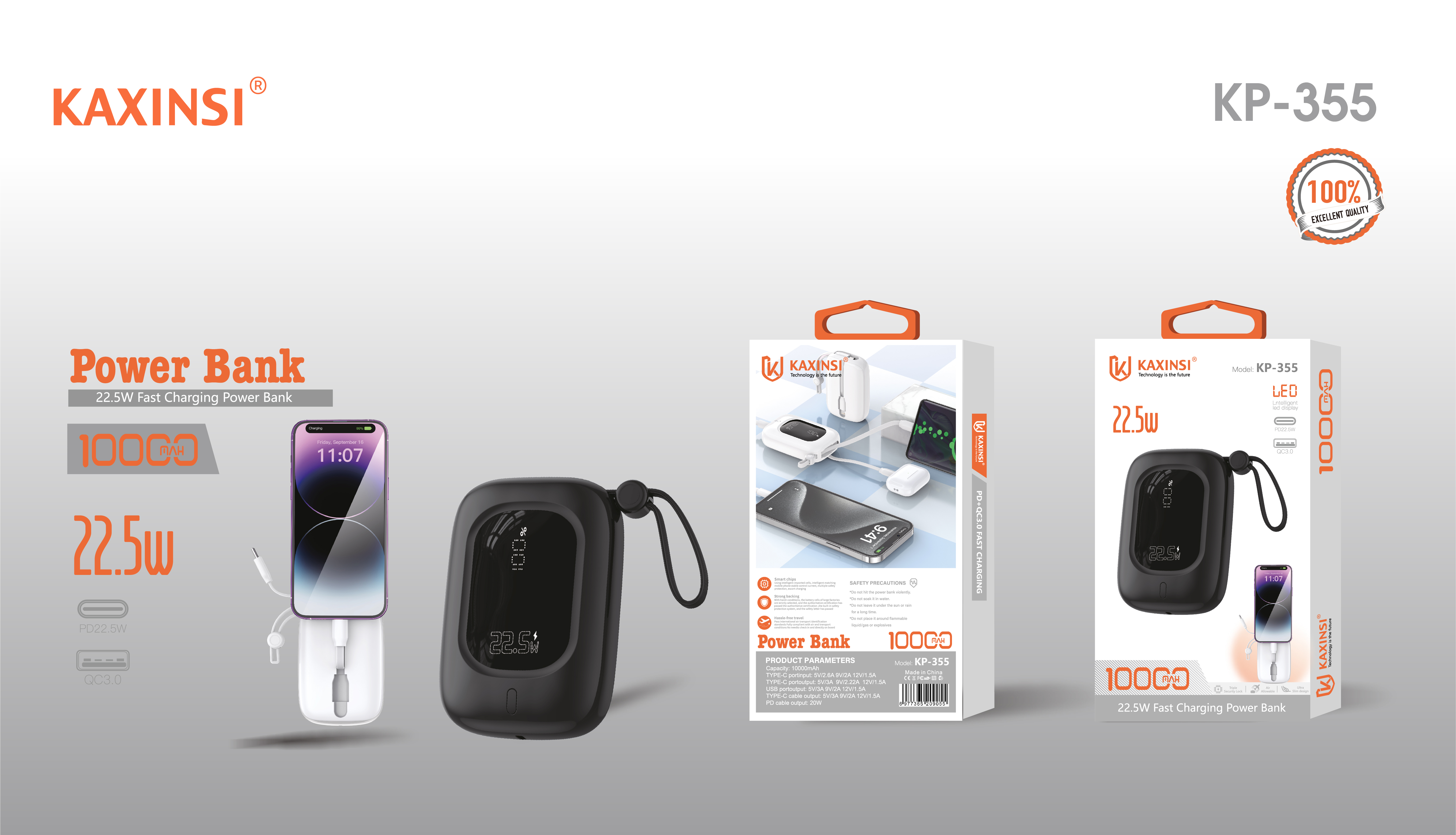 KAXINSI KP-355 10000mah 22.5W Fast Charging Power Bank lighting and T-C cable