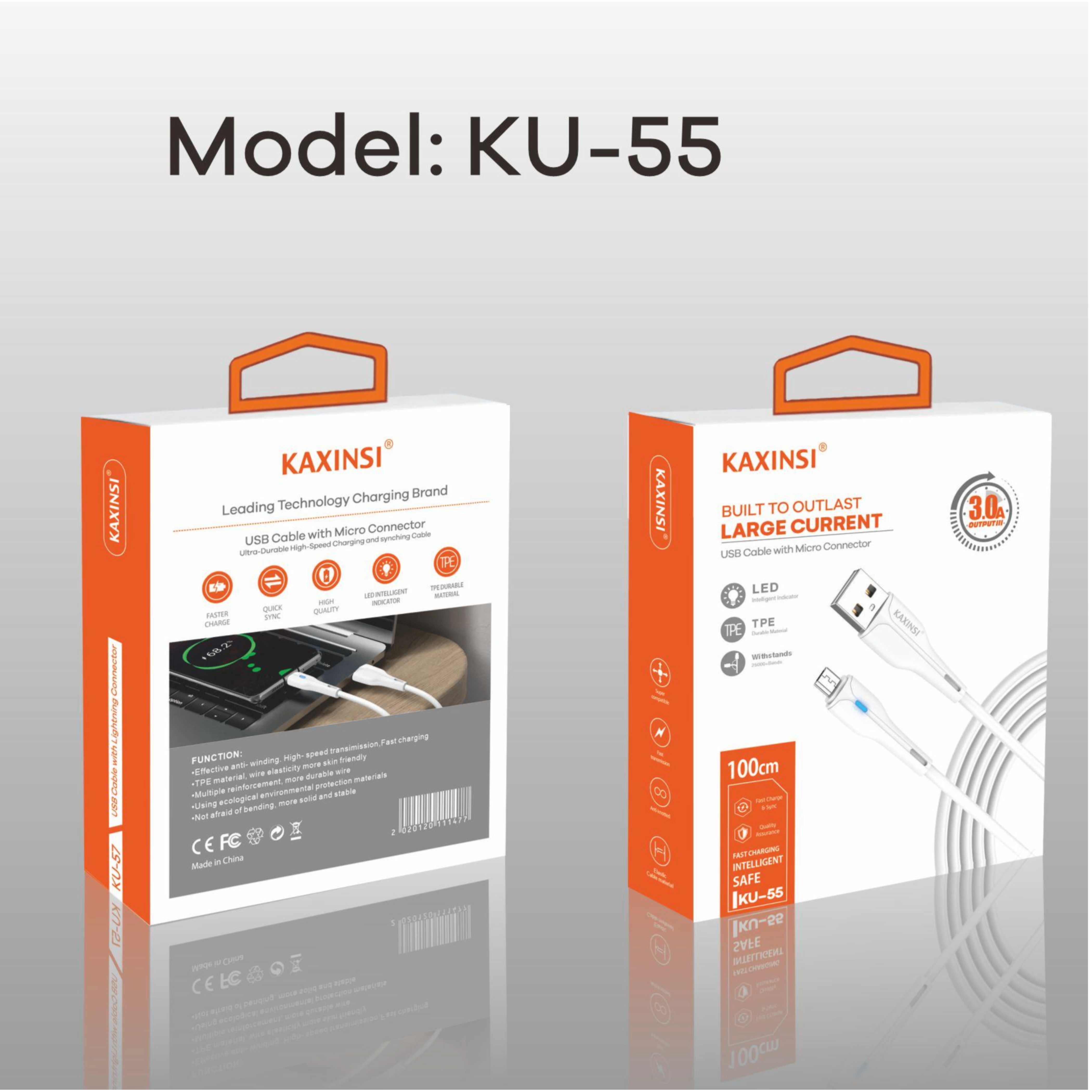 KAXINSI KU-55 1Meter 3A Fast charging Led data cable Micro