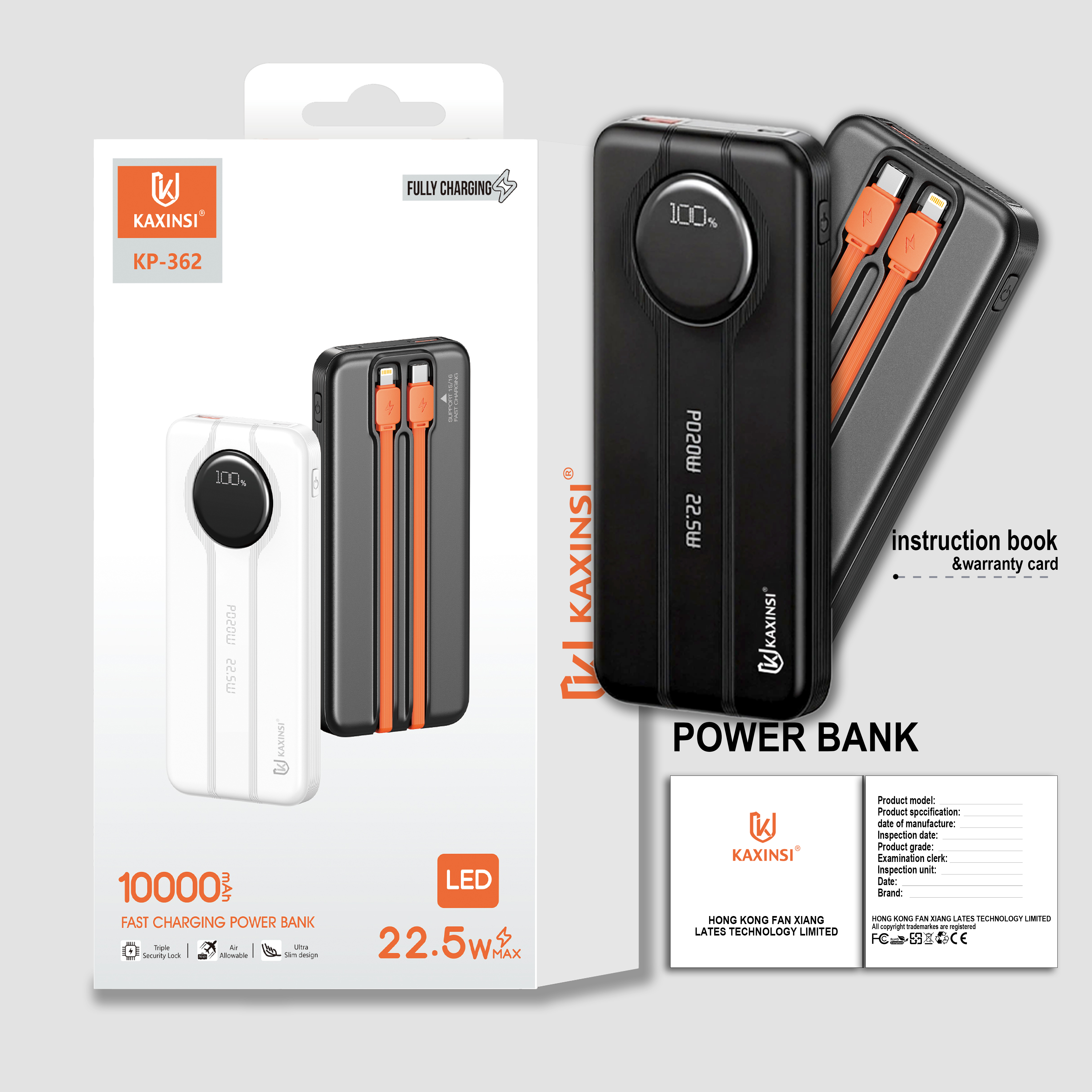 KAXINSI KP-362 10000mah 22.5W LEDFully Charging Power Bankwith lightning and T-C cableoutput and USB-A and USB-C