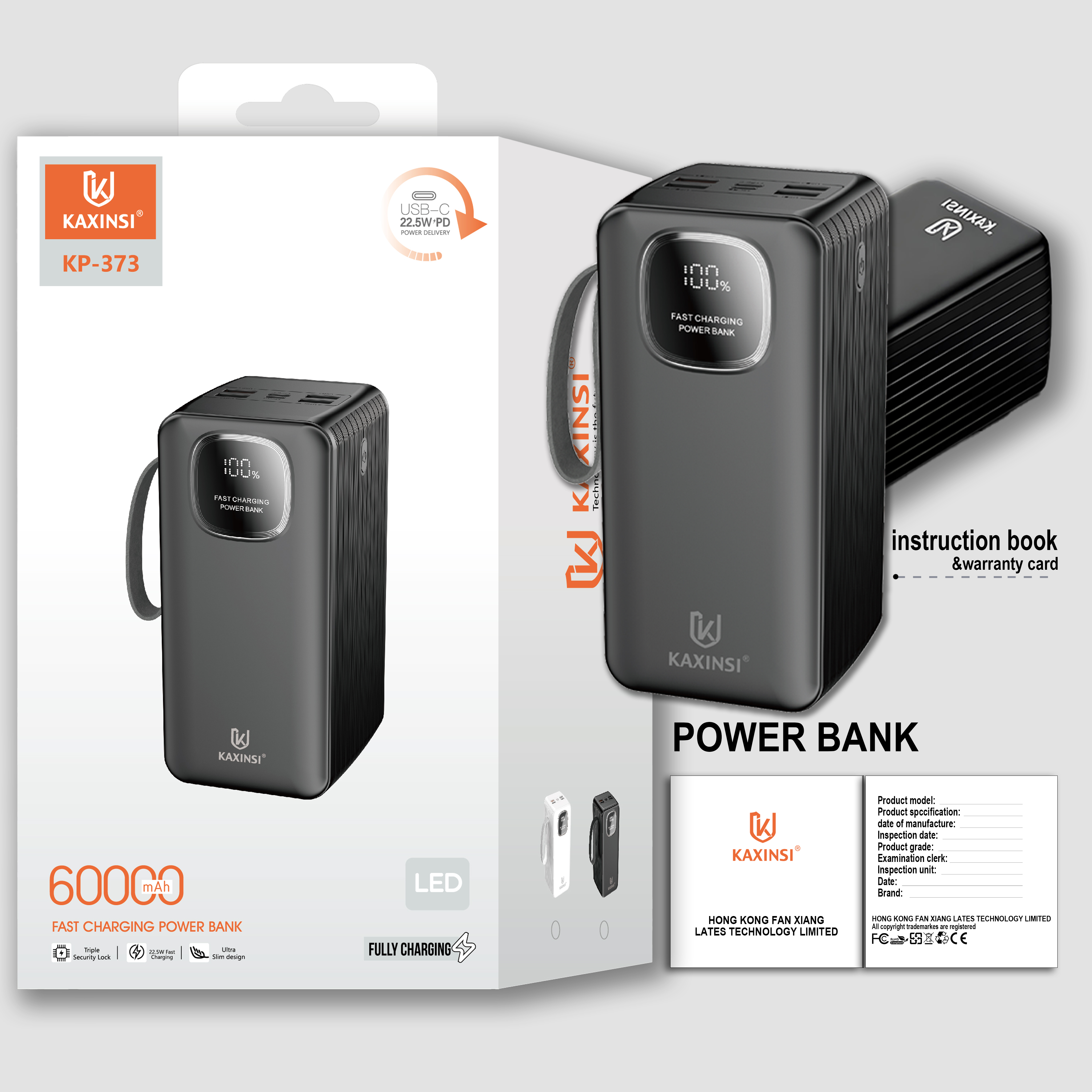 KAXINSI KP-373 60000mah 22.5W LED Fully Fast Charging Power Bankwith lightning, T-C, Micro-USBand USB-A cables and 4 USB-Aand 1 USB-C and one Micro