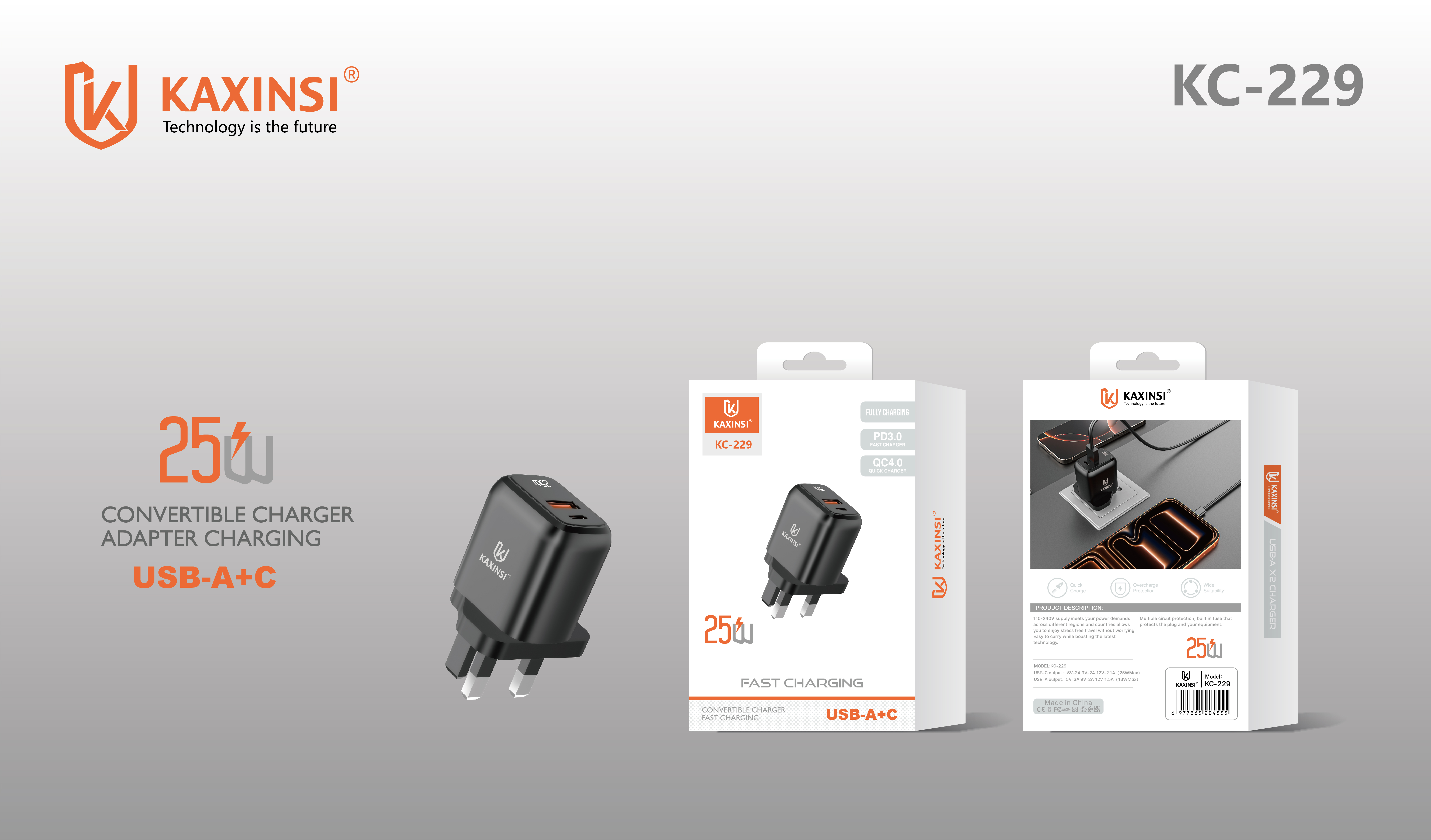 KAXINSI KC-229  UK 25W fast charging with convertible charger and USB-A+C