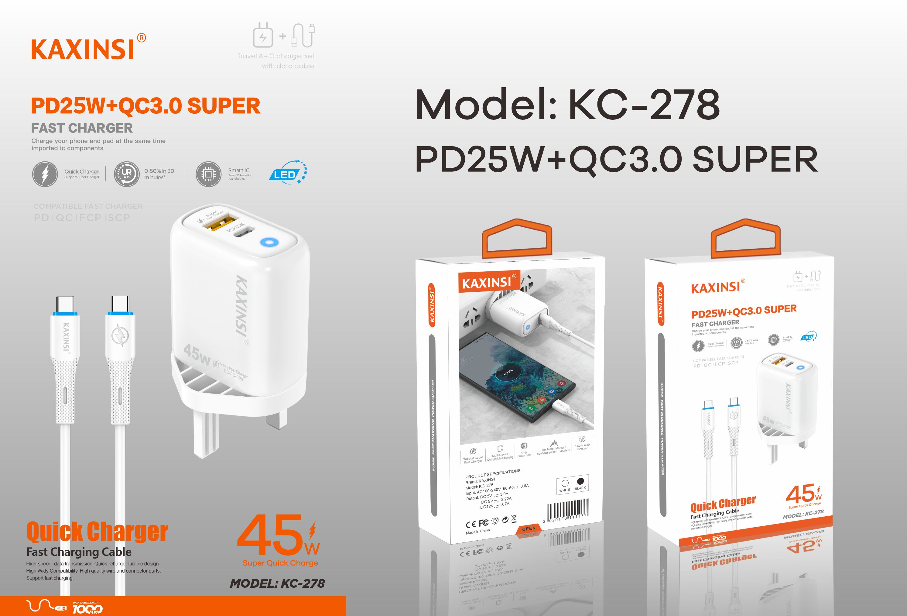 KAXINSI KC-278 UK 45W Super fast harging with USB-C+A and PD cable