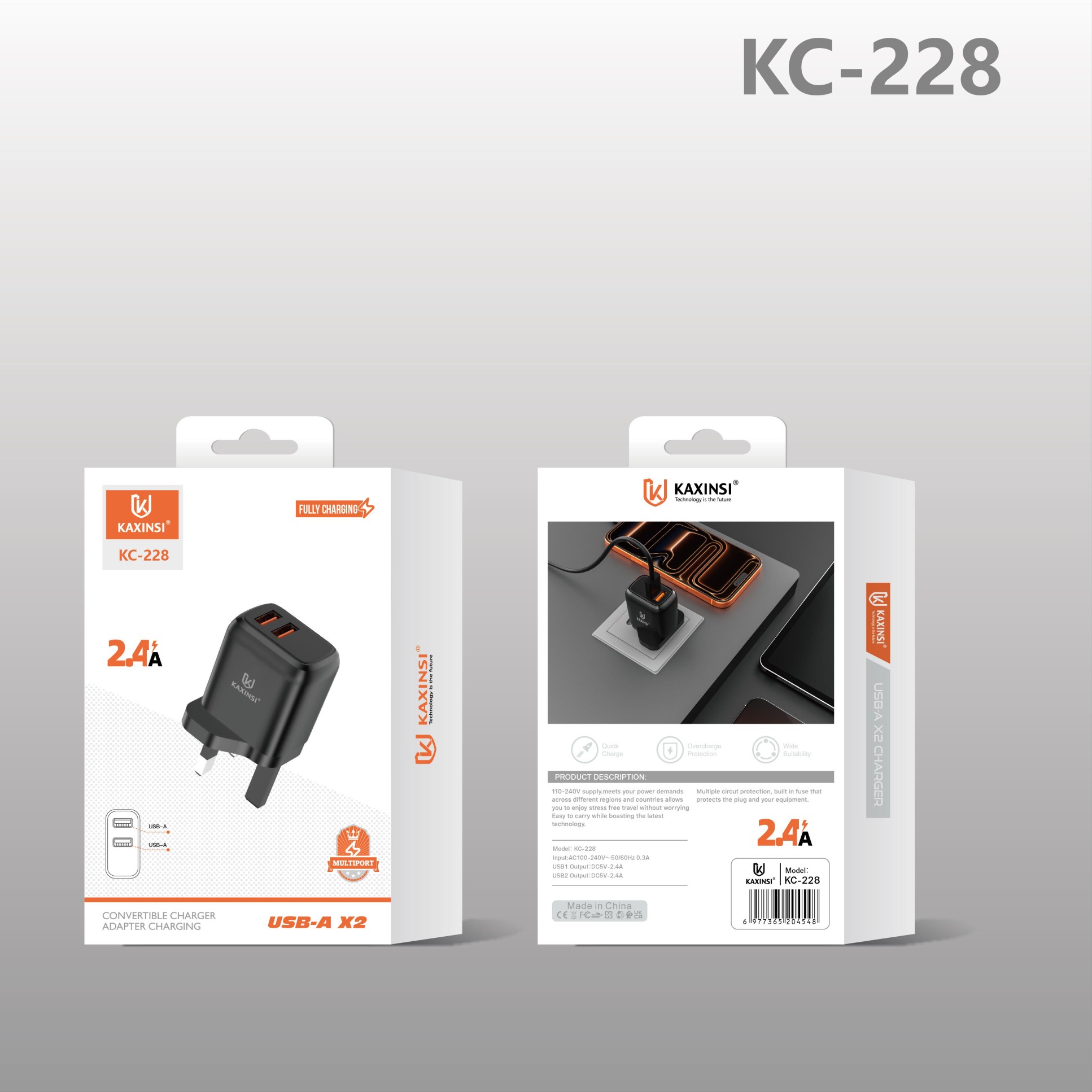 KAXINSI KC-228 UK 2.4A fast charging withconvertible charger and Two USB- A
