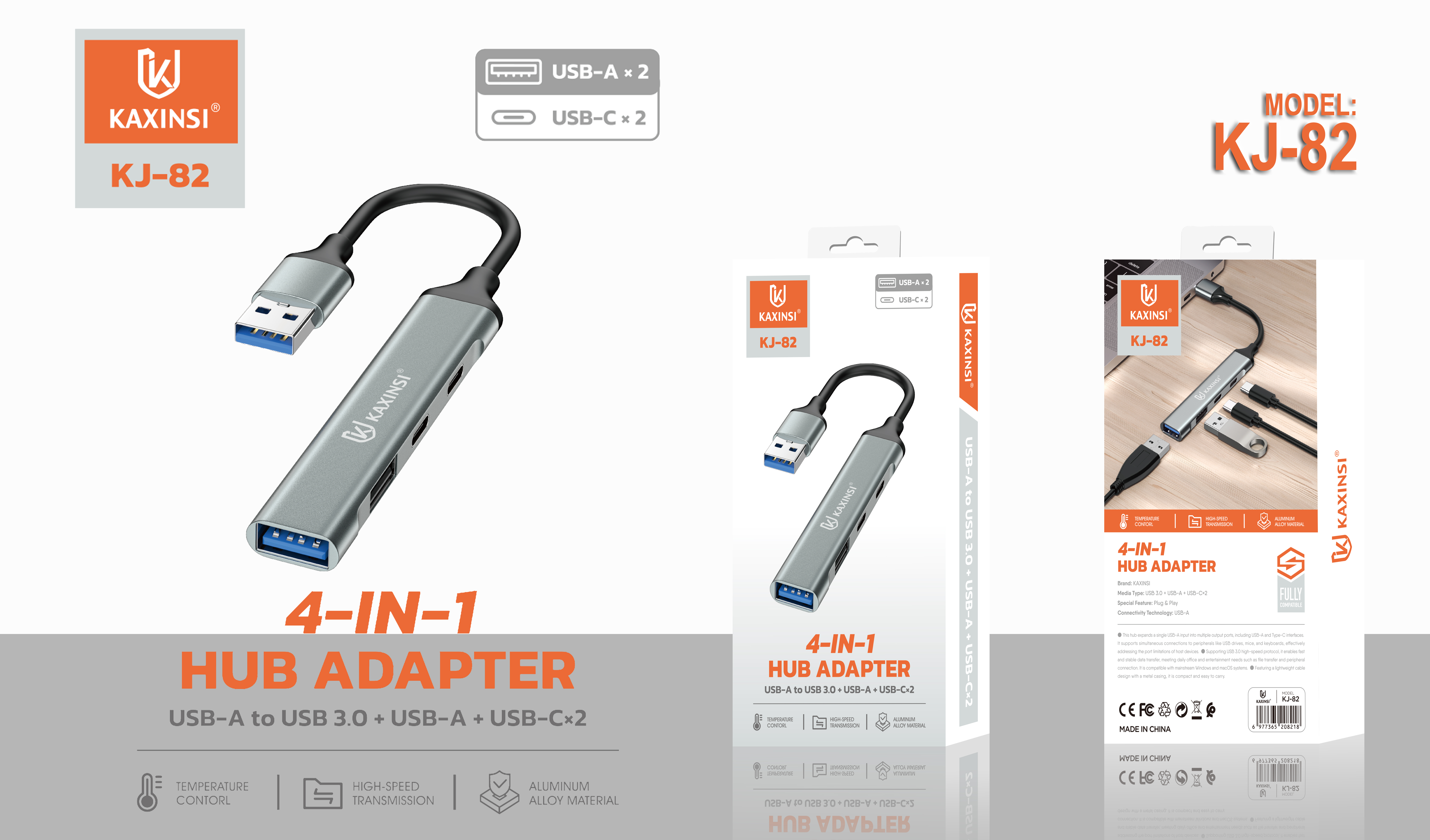 KAXINSI KJ-82  4-IN-1 HUB Adapter USB-A to USB 3.0 + USB-A + 2 USB-C