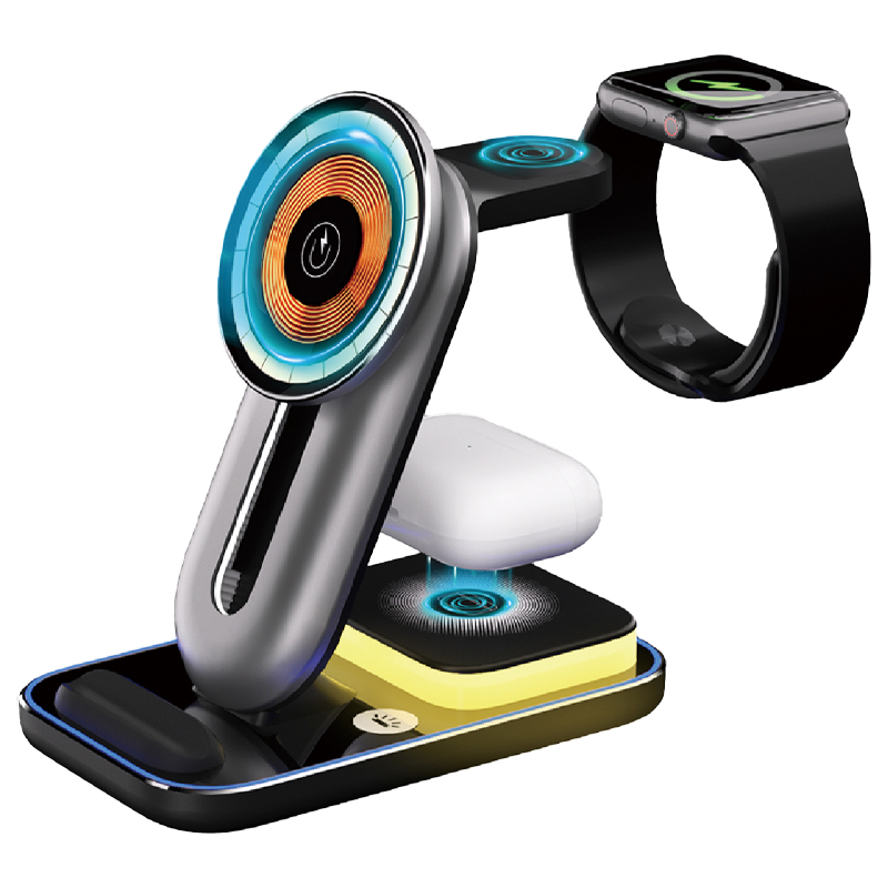 KAXINSI KM-26  18W 4in1 magnetic wireless charger with Type-C Portcharge phone, watch and Bluetooth and have 3 kinds of lights.