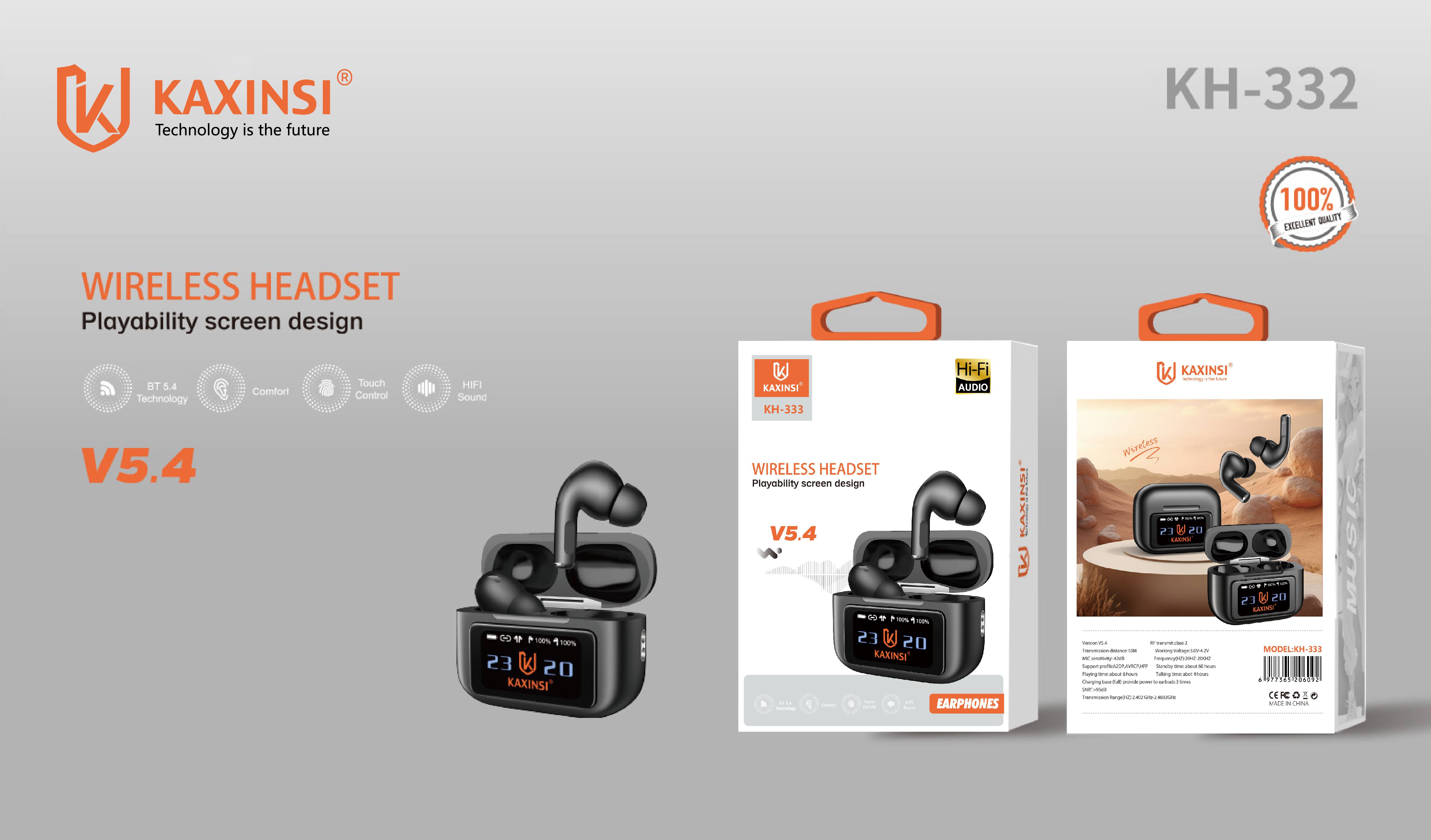 KAXINSI KH-332 V5.4 wireless music earphone with playability screen design