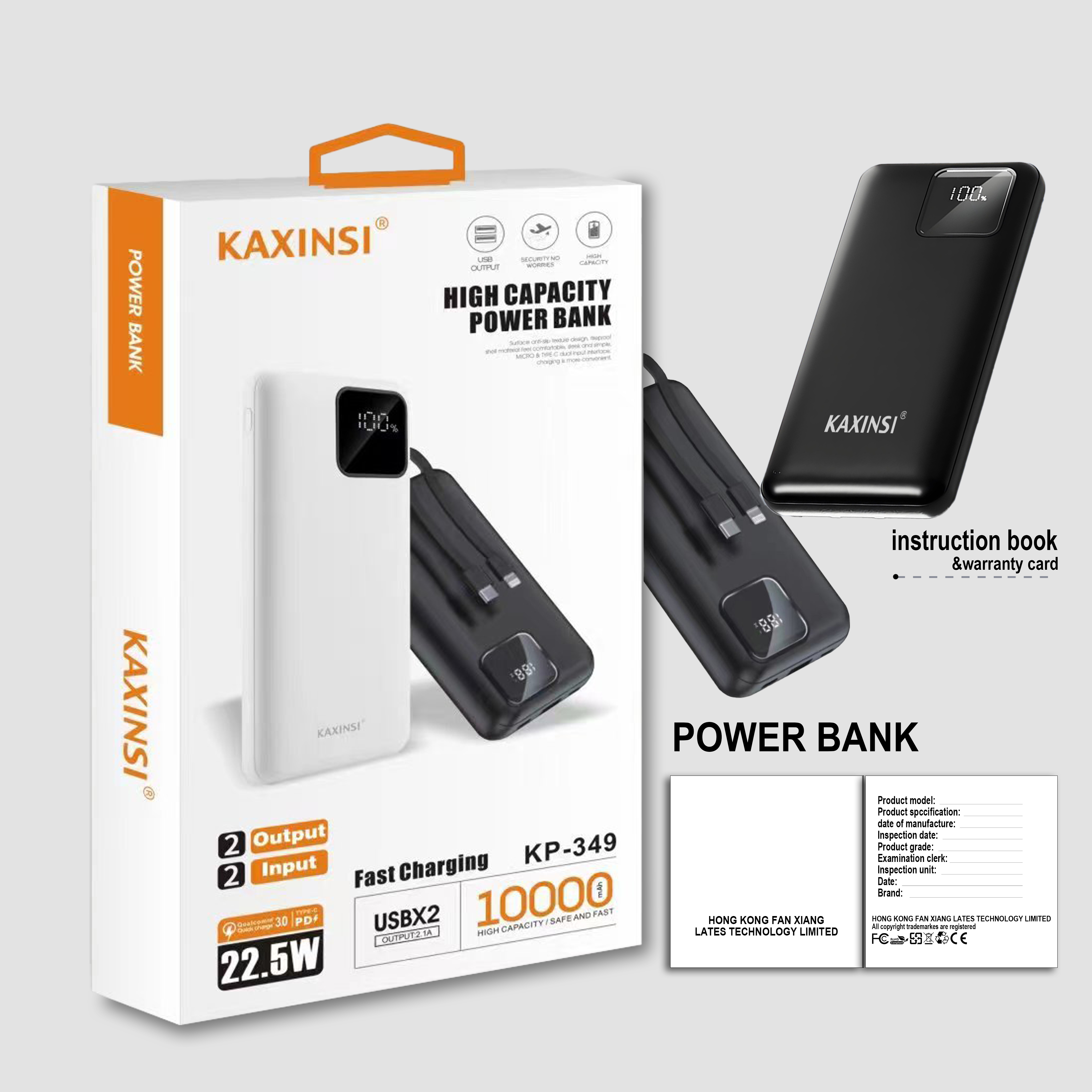 KAXINSI KP-349 10000mah Fast charging power bank with type-c and light output and USB-A and two USB-C