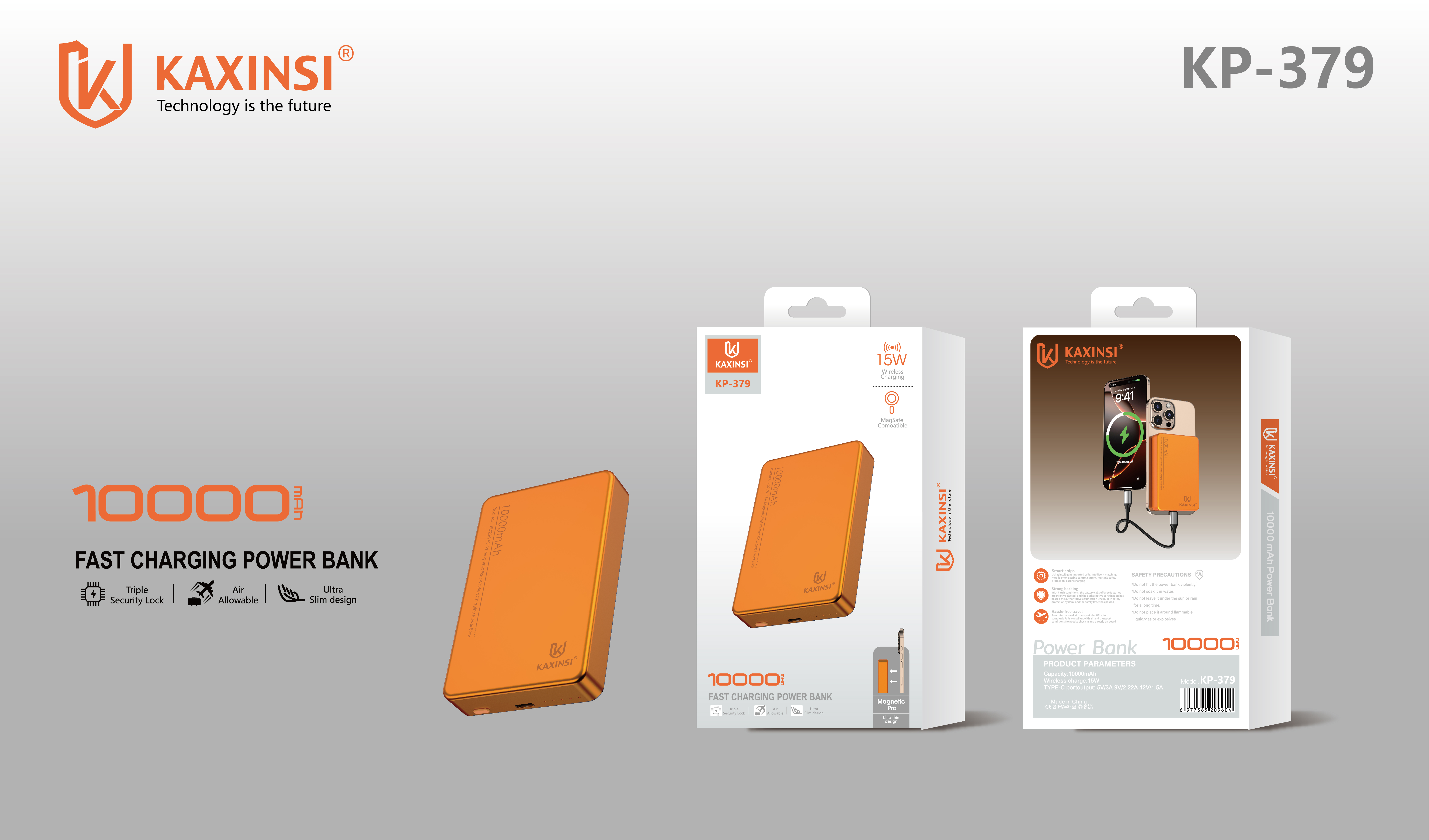 KAXINSI KP-379 10000mah 20W FastCharging Power Bank with USB-Cand 15w Wireless Charging