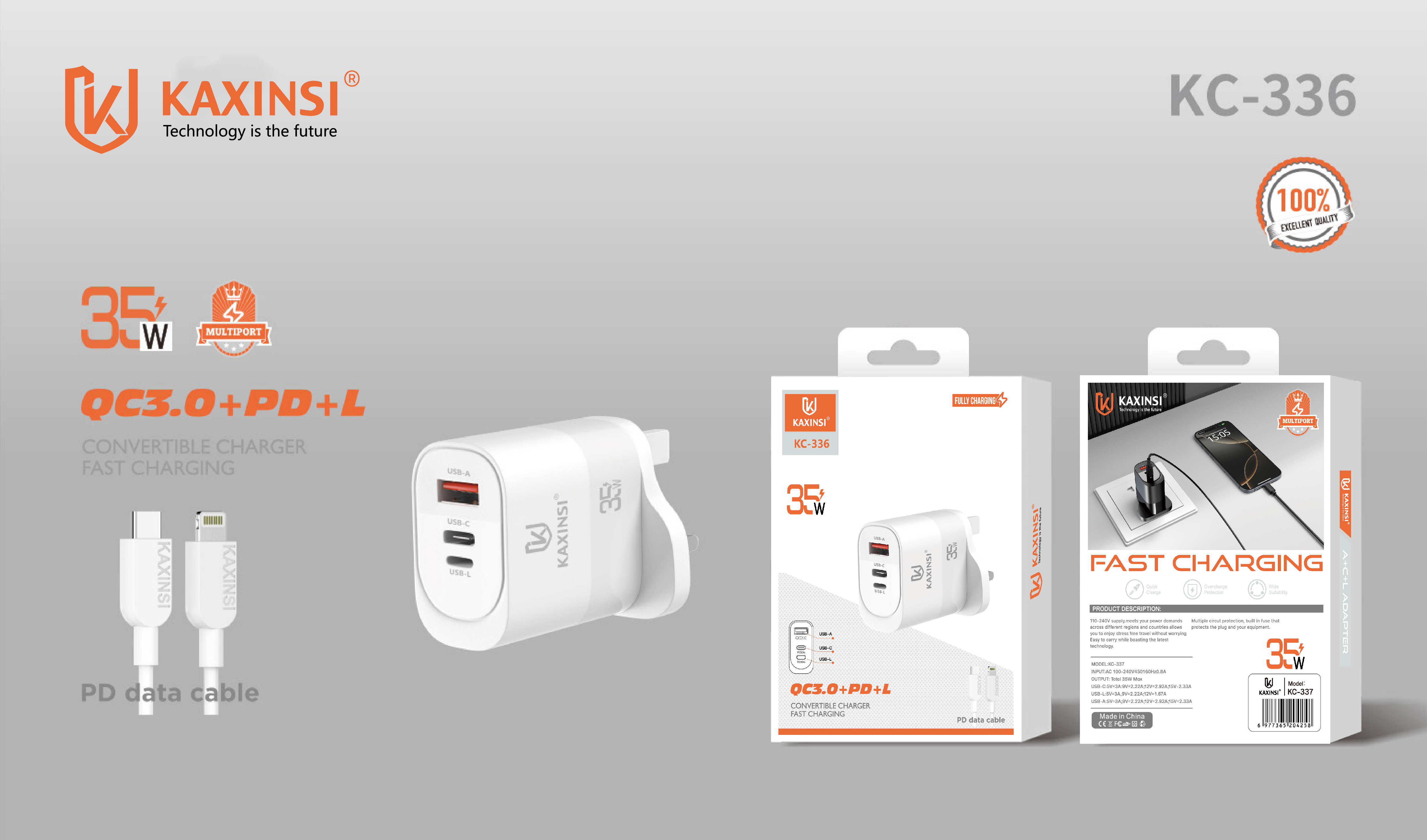 KAXINSI KC-336 EU 35W fast charging with convertible charger and USB-A+C+L
