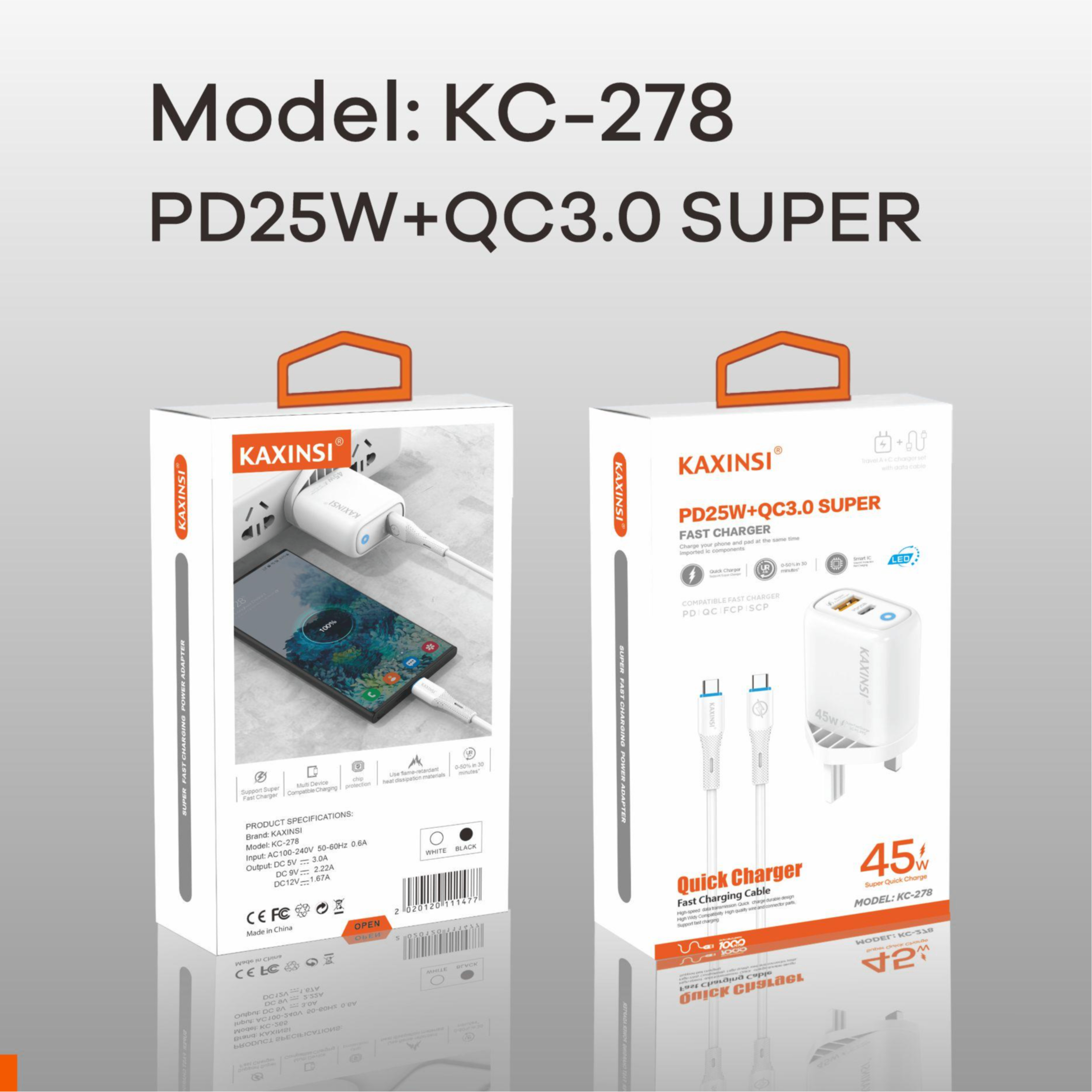 KAXINSI KC-278 UK 45W Super fast harging with USB-C+A and PD cable