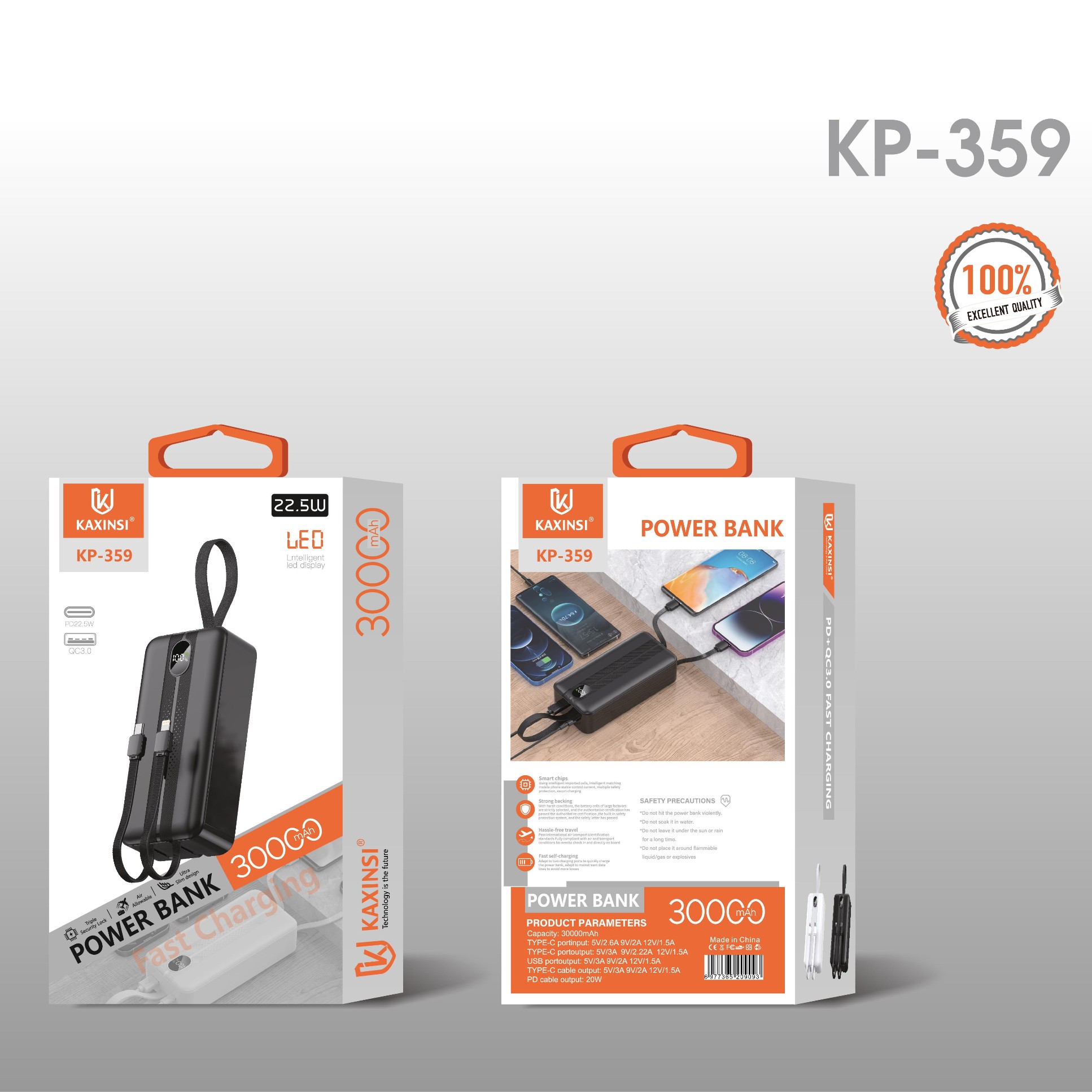 KAXINSI KP-35930000mah 22.5W LED FastCharging Power Bank withlightning and T-C cable output and USB-A and USB-C