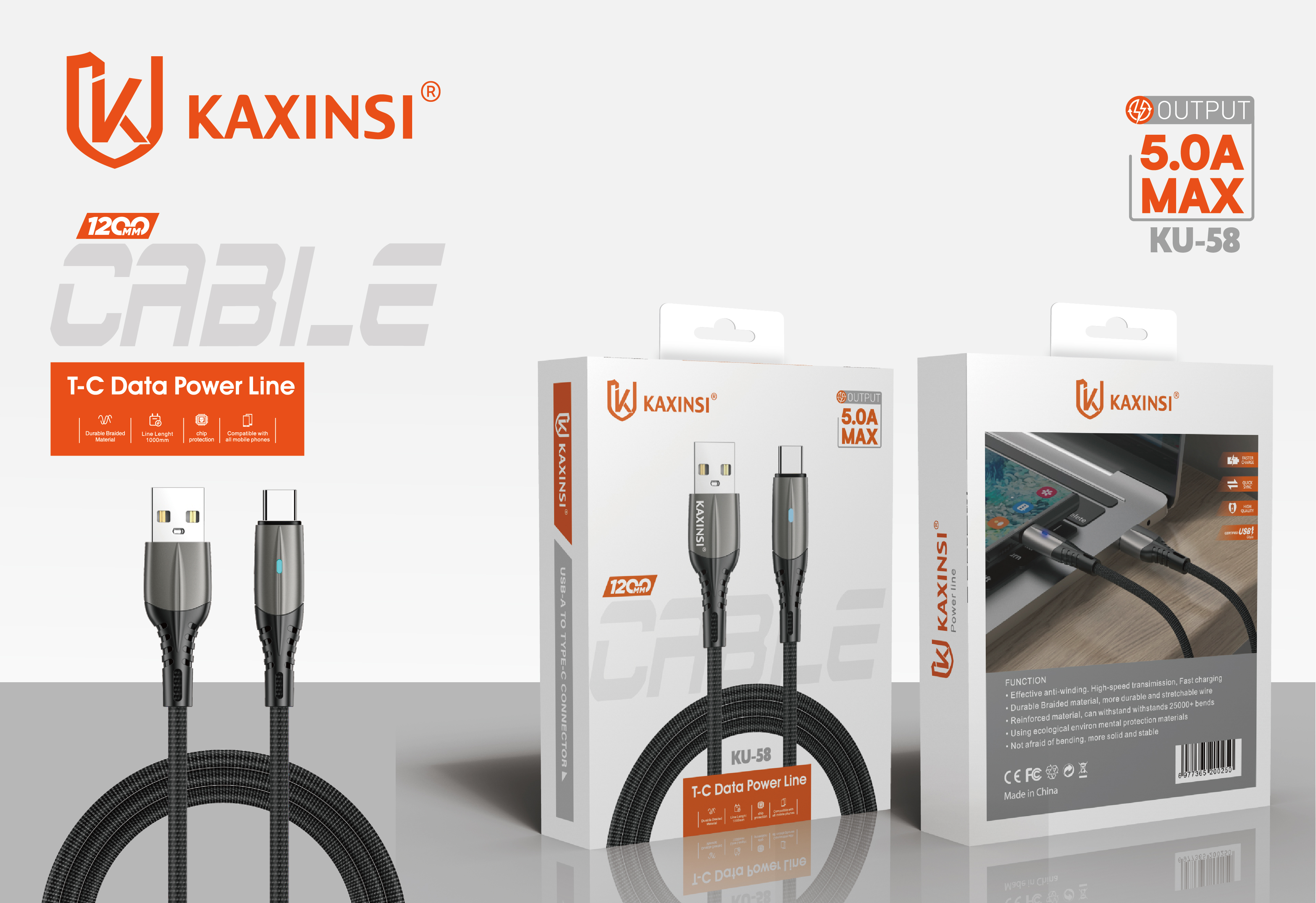 KAXINSI KU-58 1.2 Meter 5A Fast charging Led data cable Type-C
