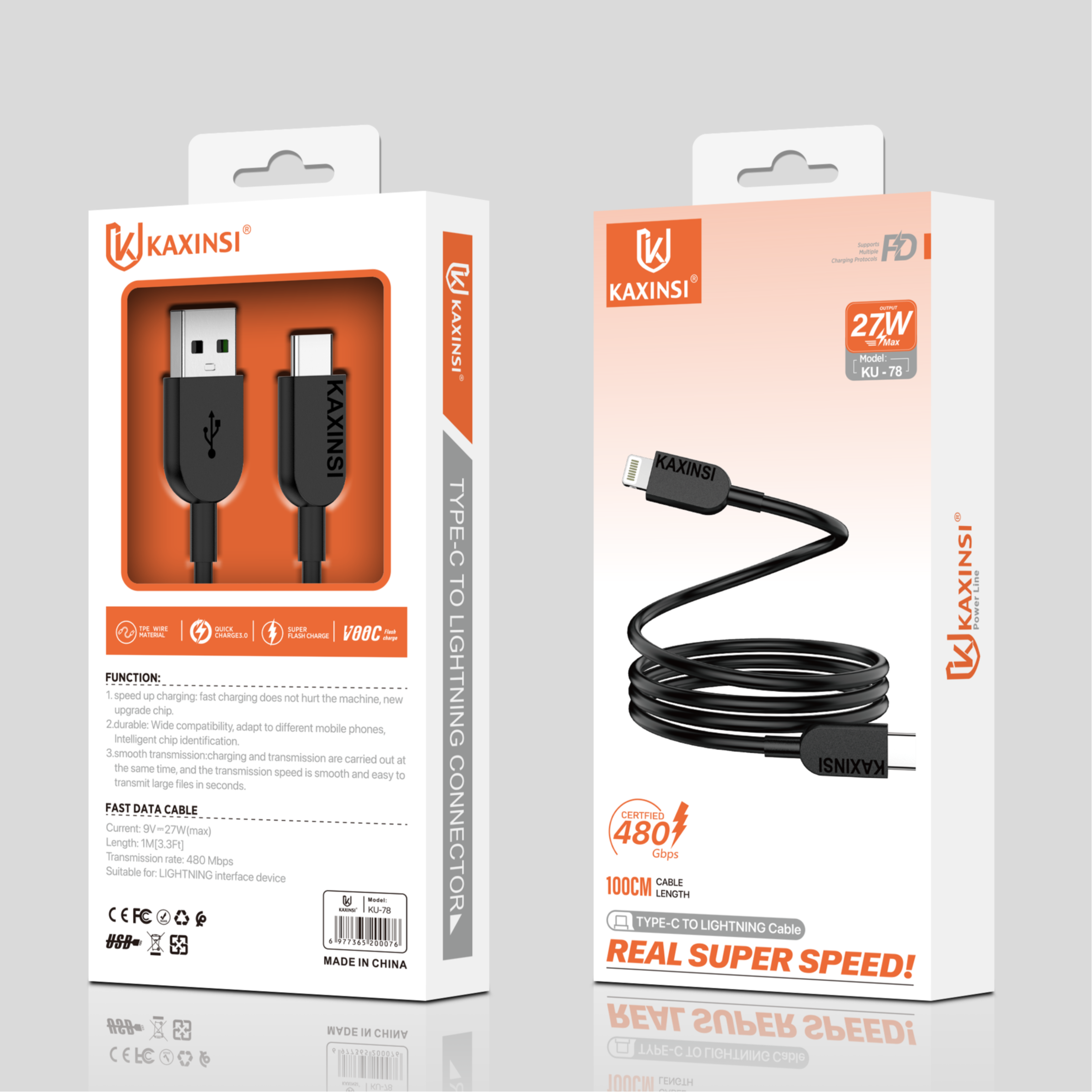KAXINSI KU-78 1Meter 27W Fast charging data cable C-Lighting