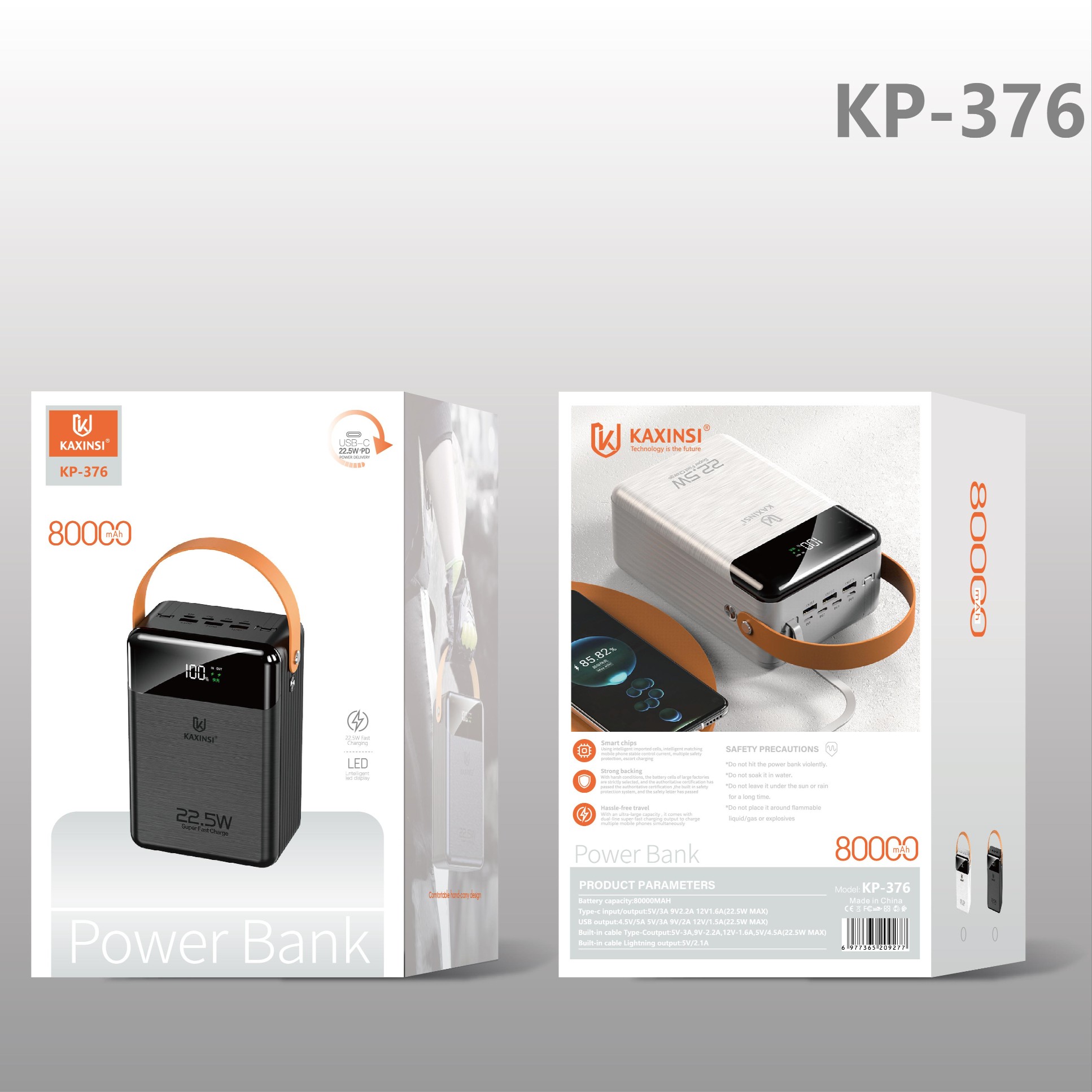 KAXINSI KP-376 80000mah 22.5W LED FastCharging power bank with type-ccable and 3USB-A and 2 USB-C、1lighting and 1 micro