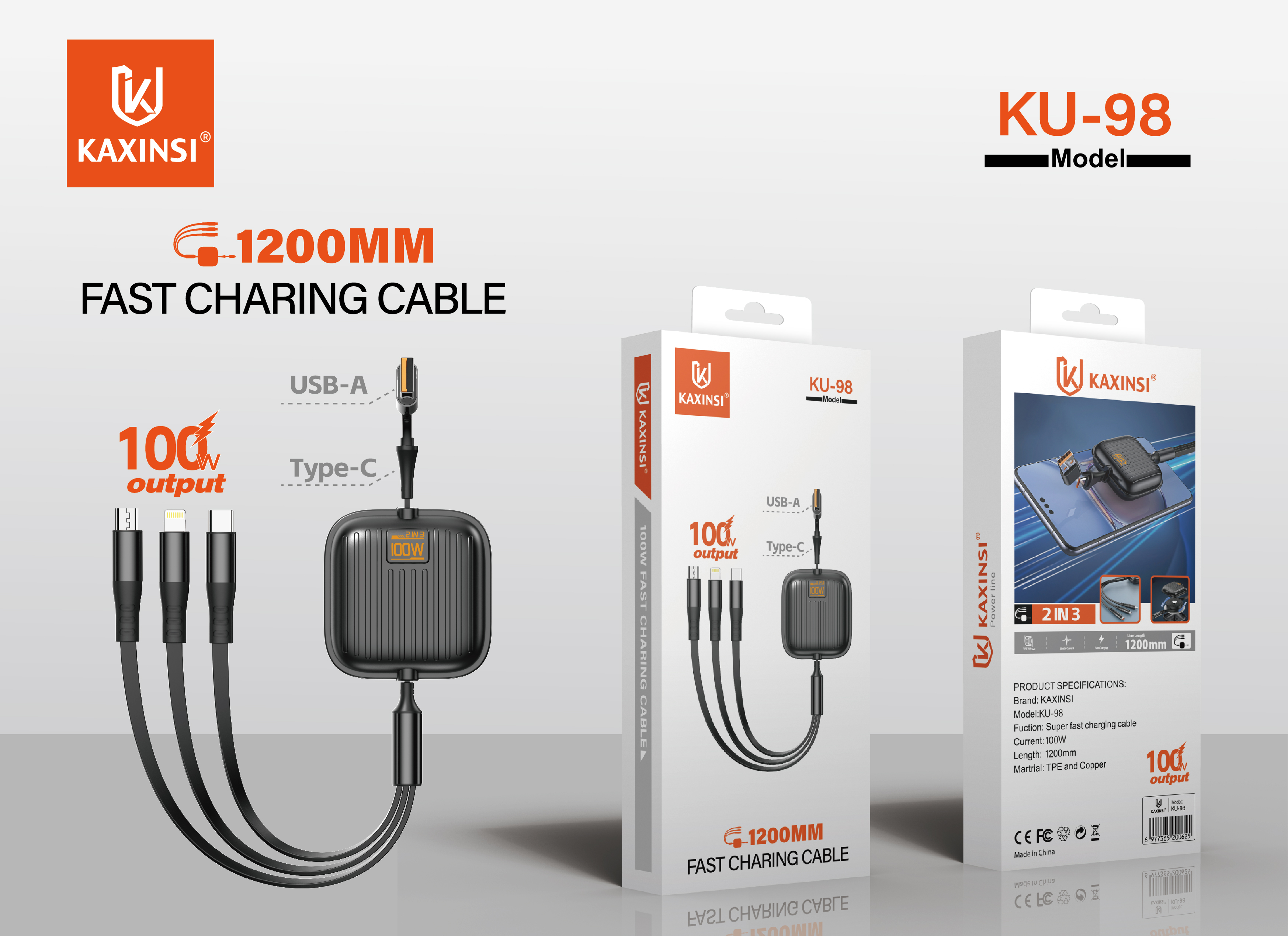 KAXINSI KU-98 100W 1200MM Fast charging cable with USB-A and USB-C and type-c, lighting and micro output