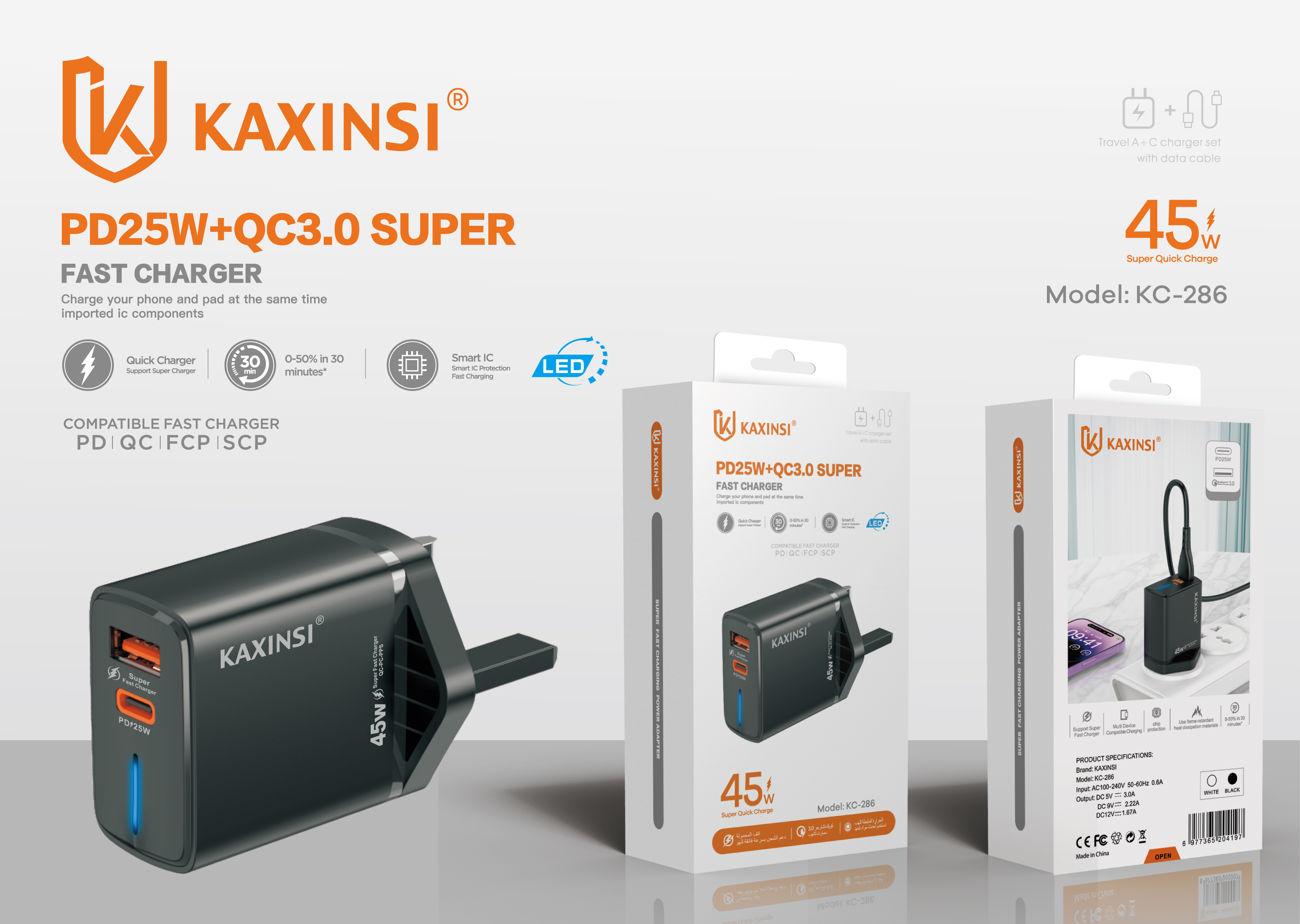 KAXINSI KC-286 UK 45W Super fast charging with USB-C+A and PDcable