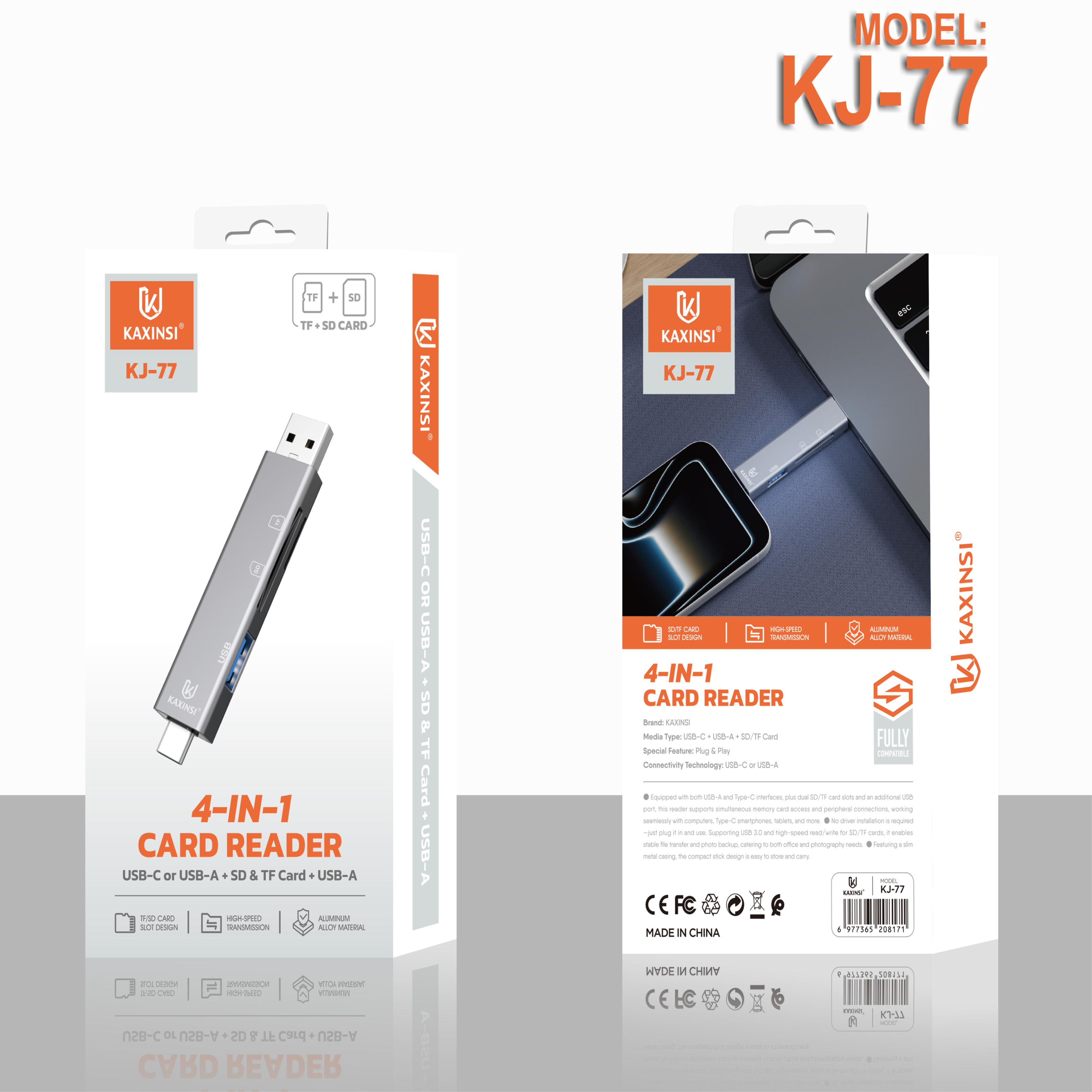 KAXINSI KJ-77 4-IN-1 Card Reader with USB-C or USB-A + SD & TF Card +USB-A