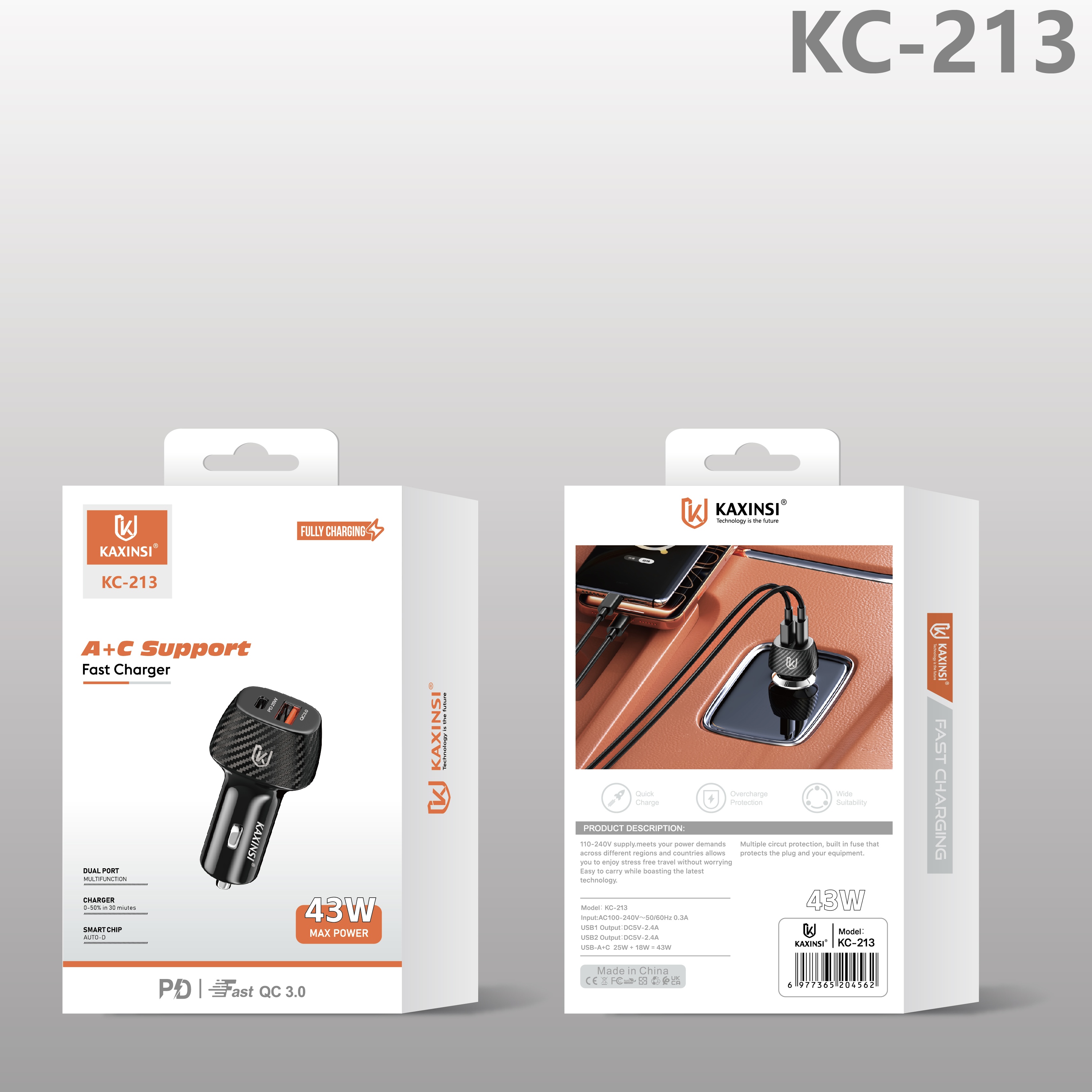 KAXINSI KC-213 KC-213: 43W A+C fast charger with Cool Charging, Stable Even on Bumpy Rides