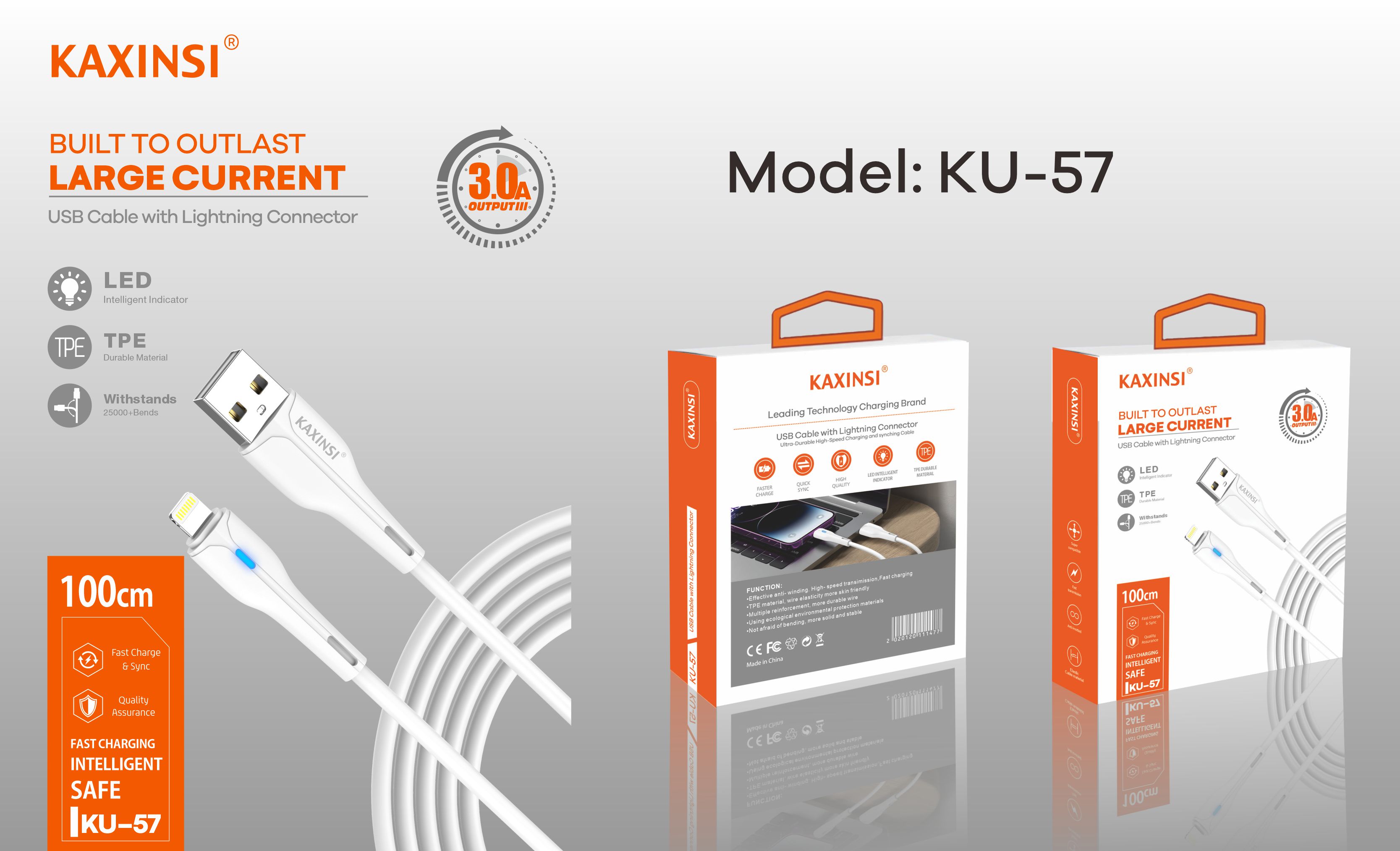 KAXINSI KU-57 1Meter 3A Fast chargingLed data cable Lighting