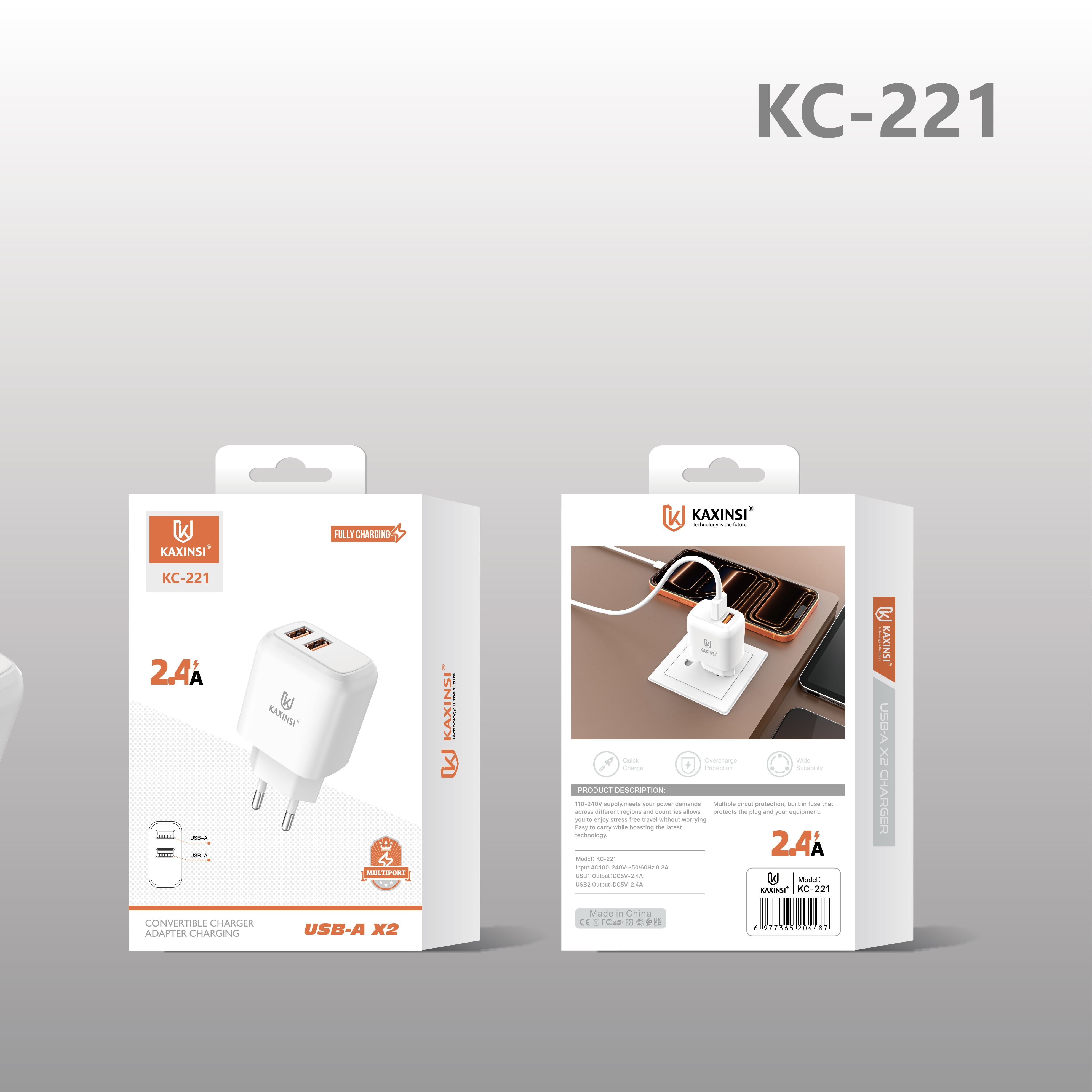 KAXINSI KC-221 EU 2.4A Convertible charger with adapter charging and two USB-A