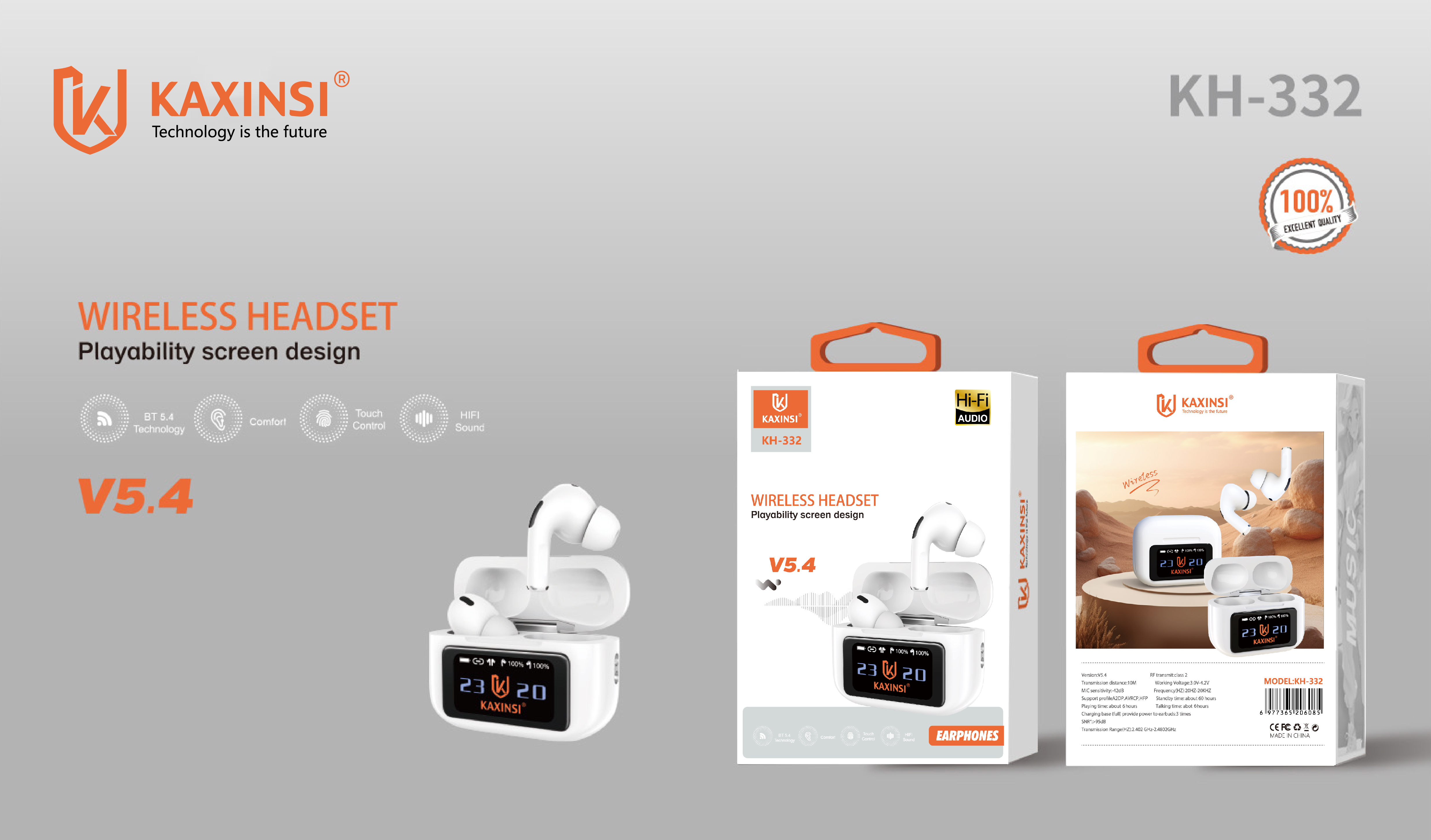 KAXINSI KH-332 V5.4 wireless music earphone with playability screen design
