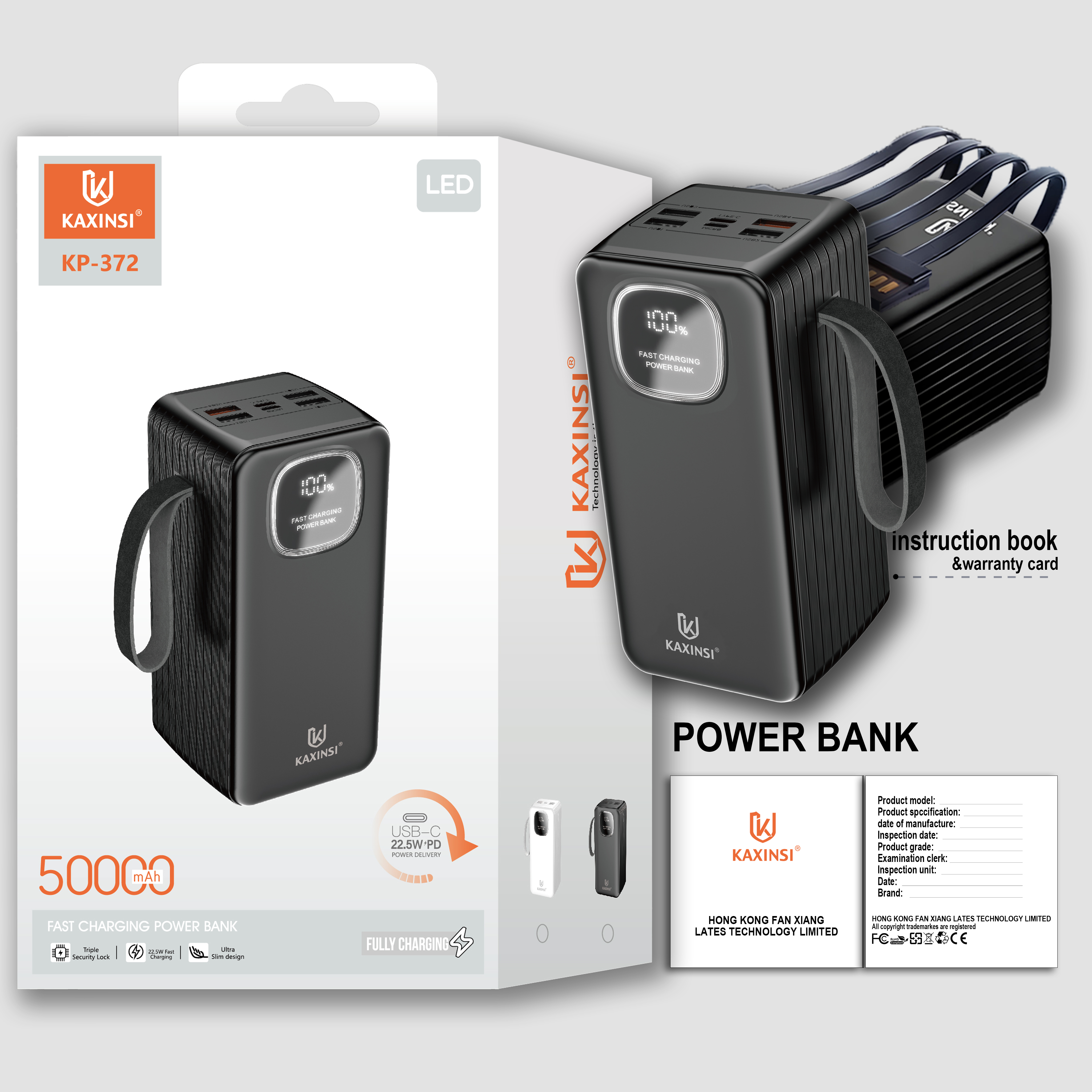 KAXINSI KP-372 50000mah 22.5W LED Fully Fast Charging Power Bankwith lightning, T-C、 Micro-USBand USB-A cables and 4 USB-Aand 1 USB-C and one Micro