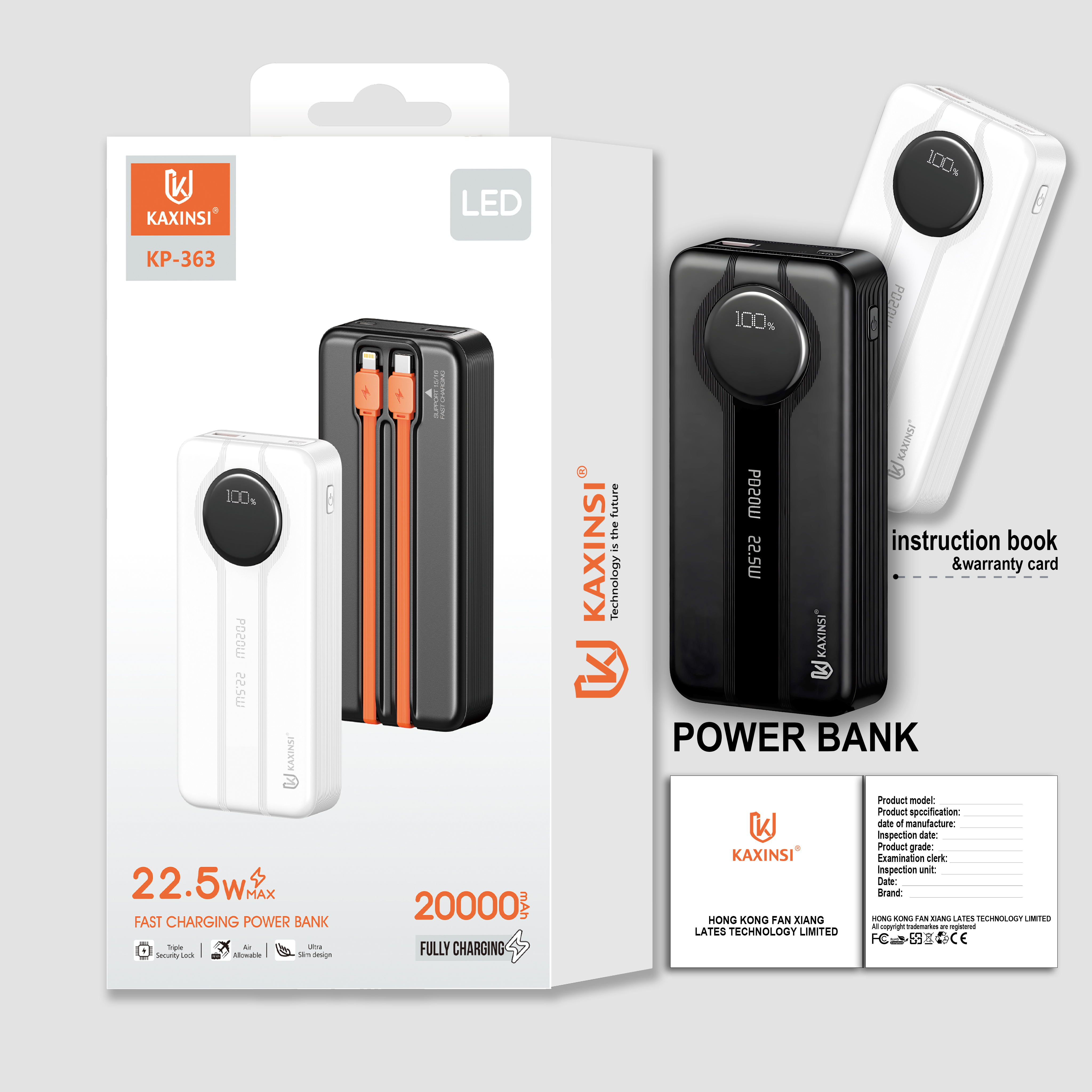 KAXINSI KP-363 20000mah 22.5W LED Fully Charging Power Bank withlightning and T-C cable output and USB-A and USB-C