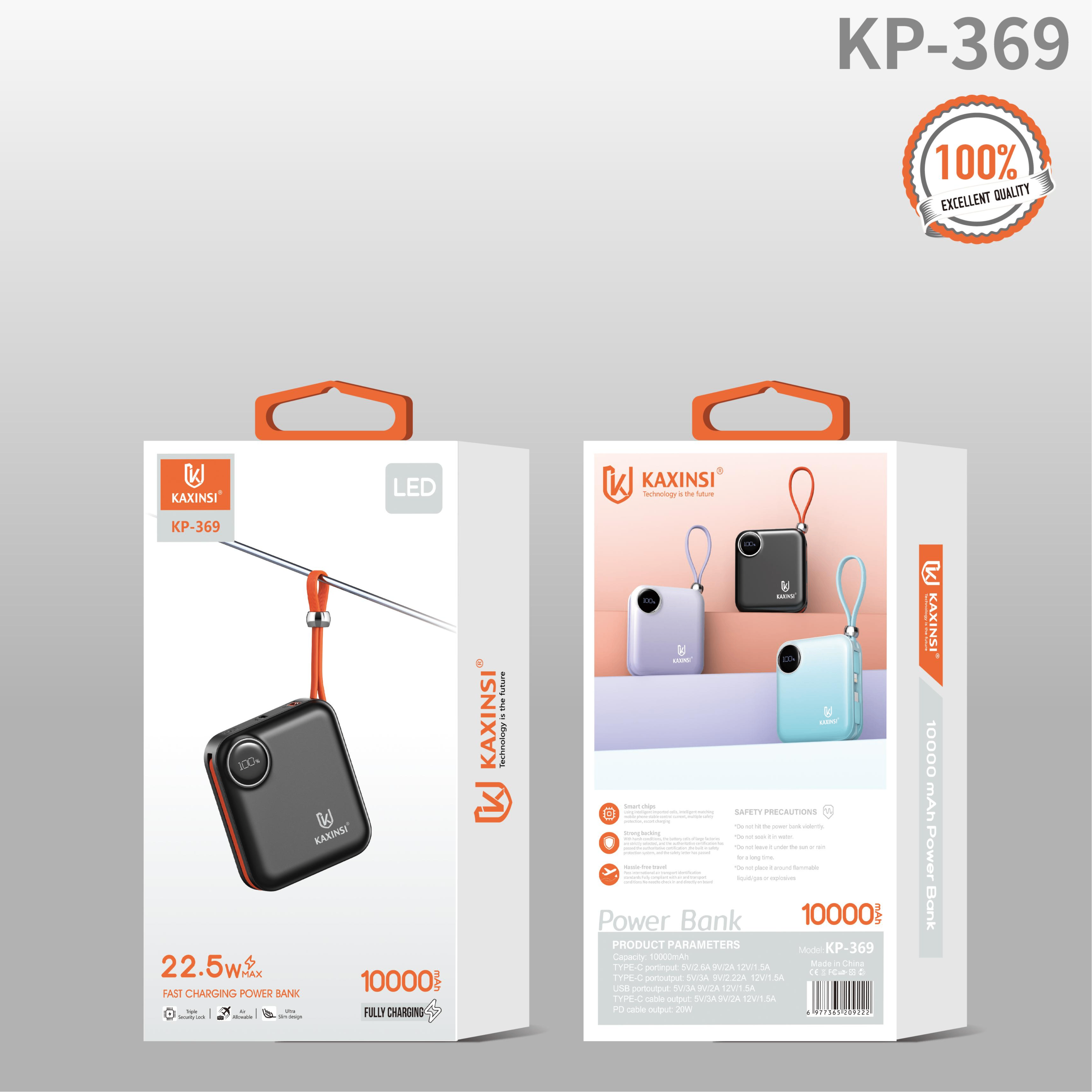 KAXINSI KP-369 10000mah 22.5W LED FastCharging Power Bank with PD and Type-C cable