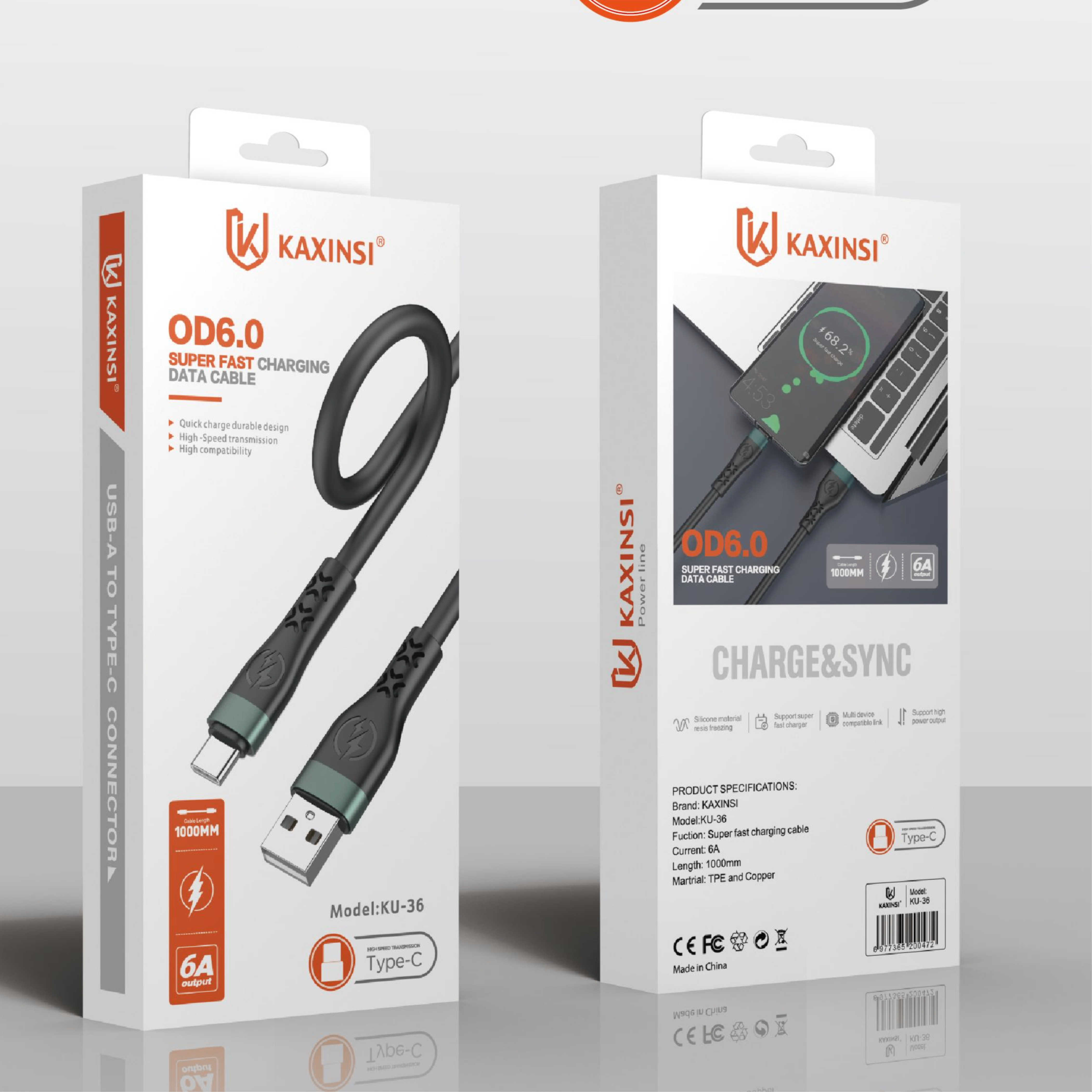 KAXINSI KU-36 OD6.0 1Meter 6A Super fastcharging data cable Type-C