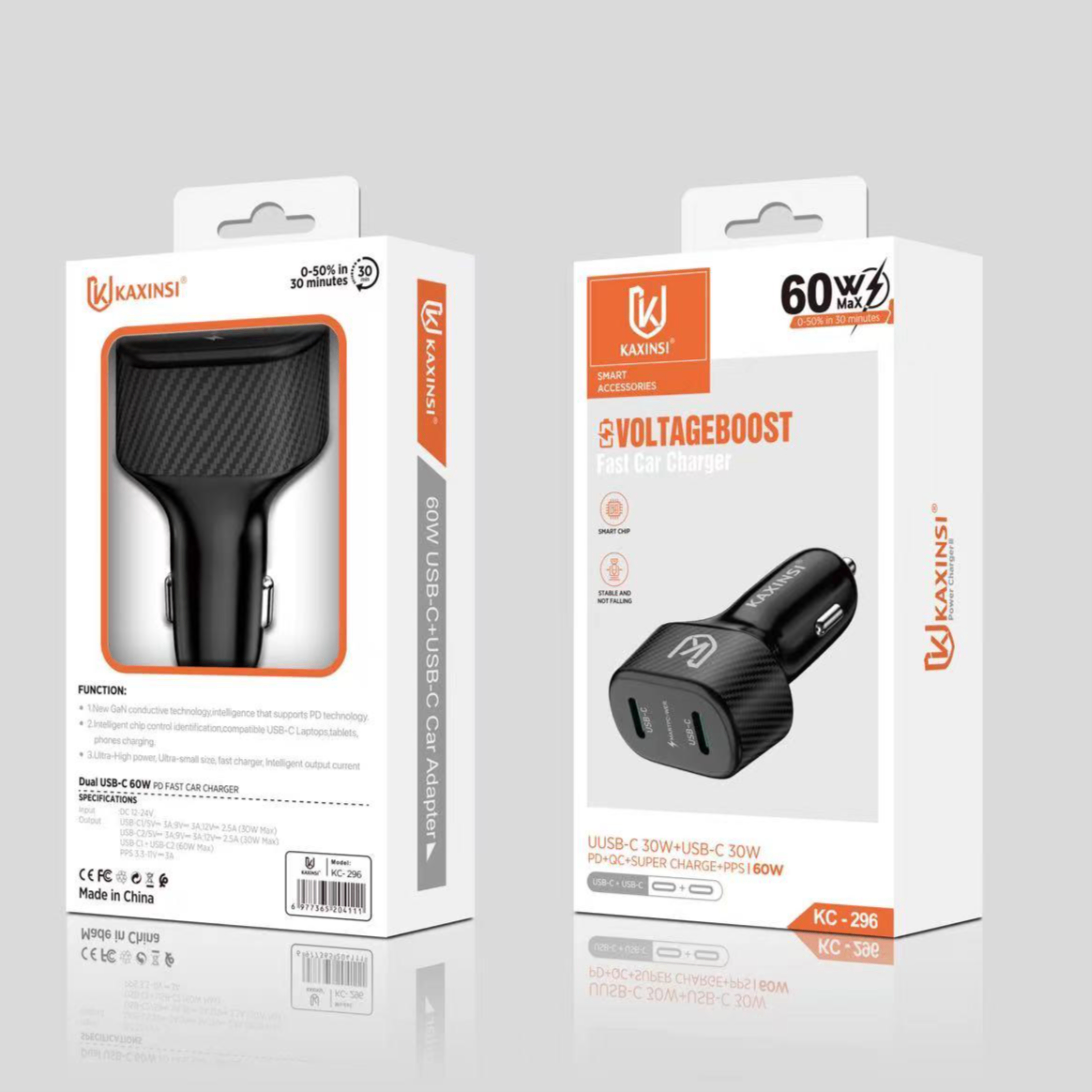 KAXINSI KC-296  60W Super Fast Carcharger with 2 USB-C