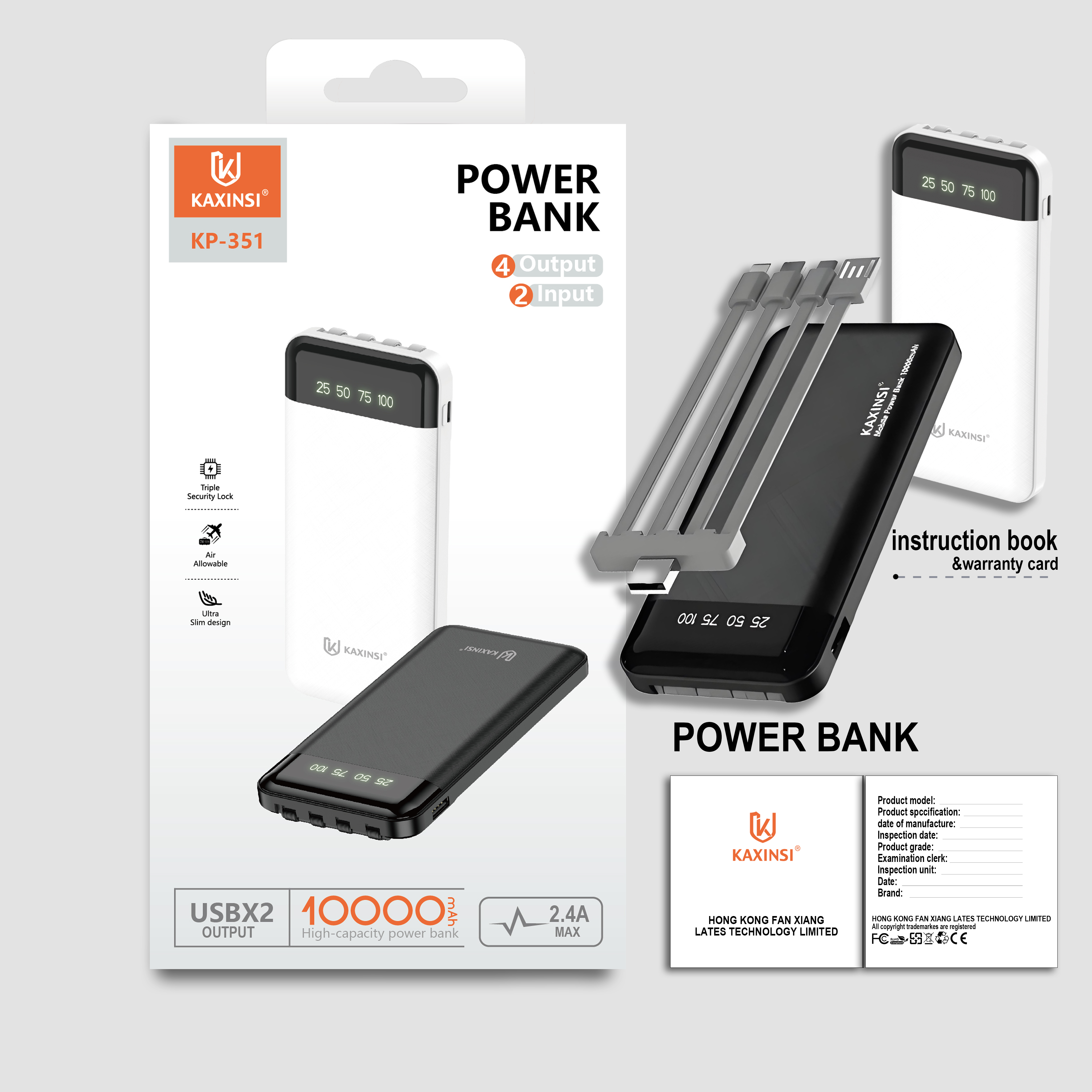 KAXINSI KP-351 10000mah Fast charging power bank with 4 output and 2 input
