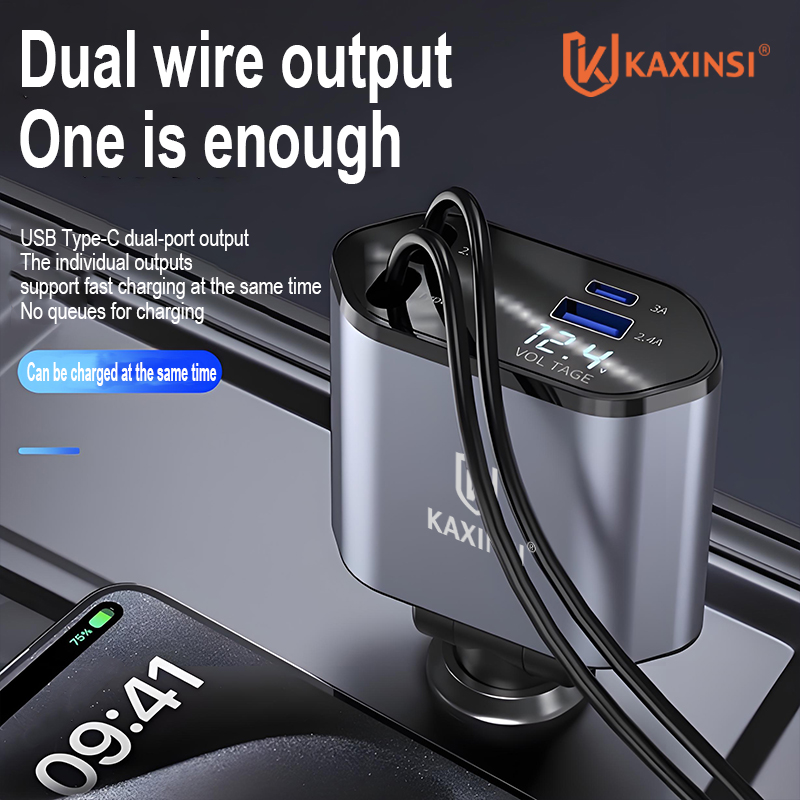 KAXINSI KC-297 120W Car Charger withLightning& Type-C cable and USB-AandC