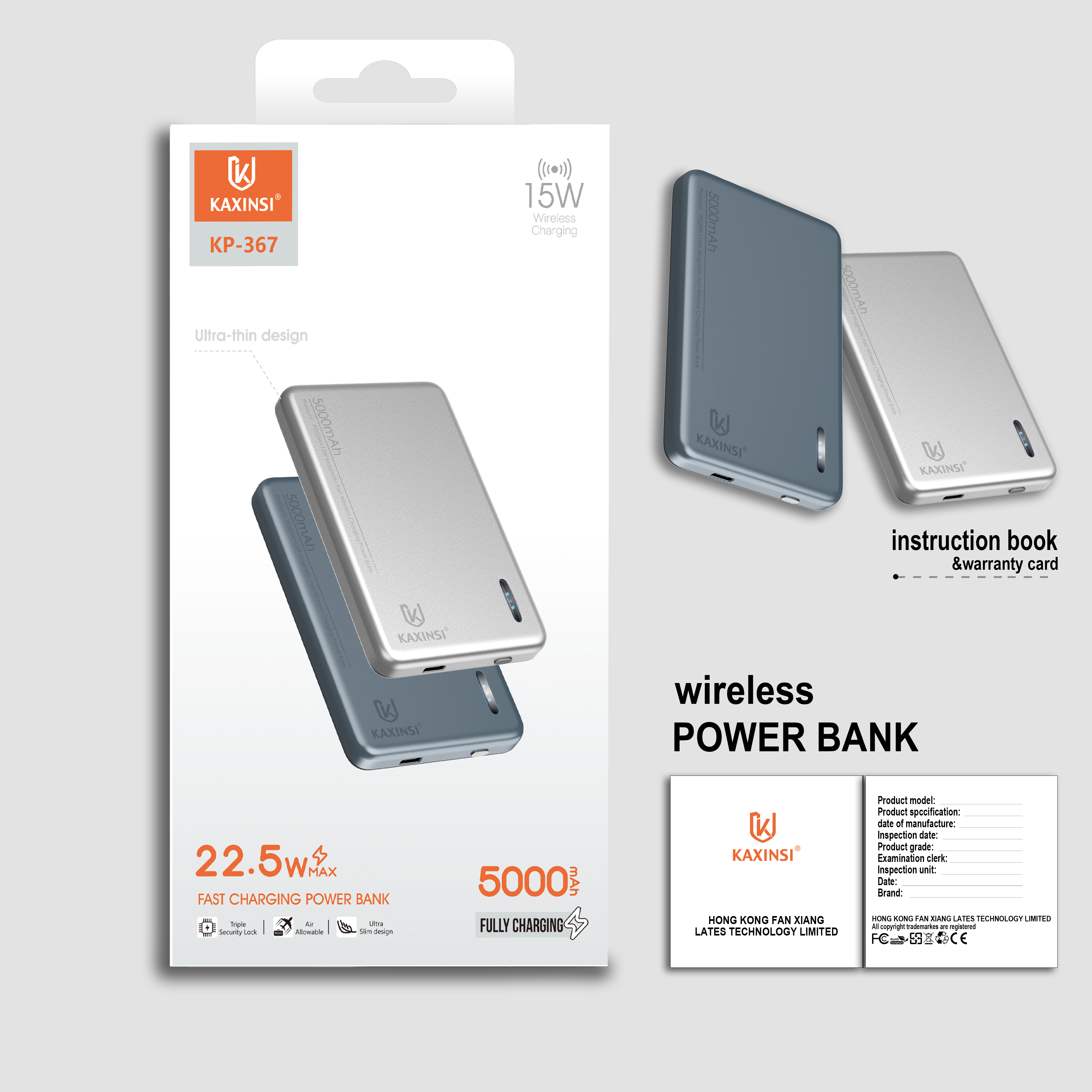 KAXINSI KP-367 5000mah 22.5W Fast Charging Power Bank with USB-C and 15w Wireless Charging