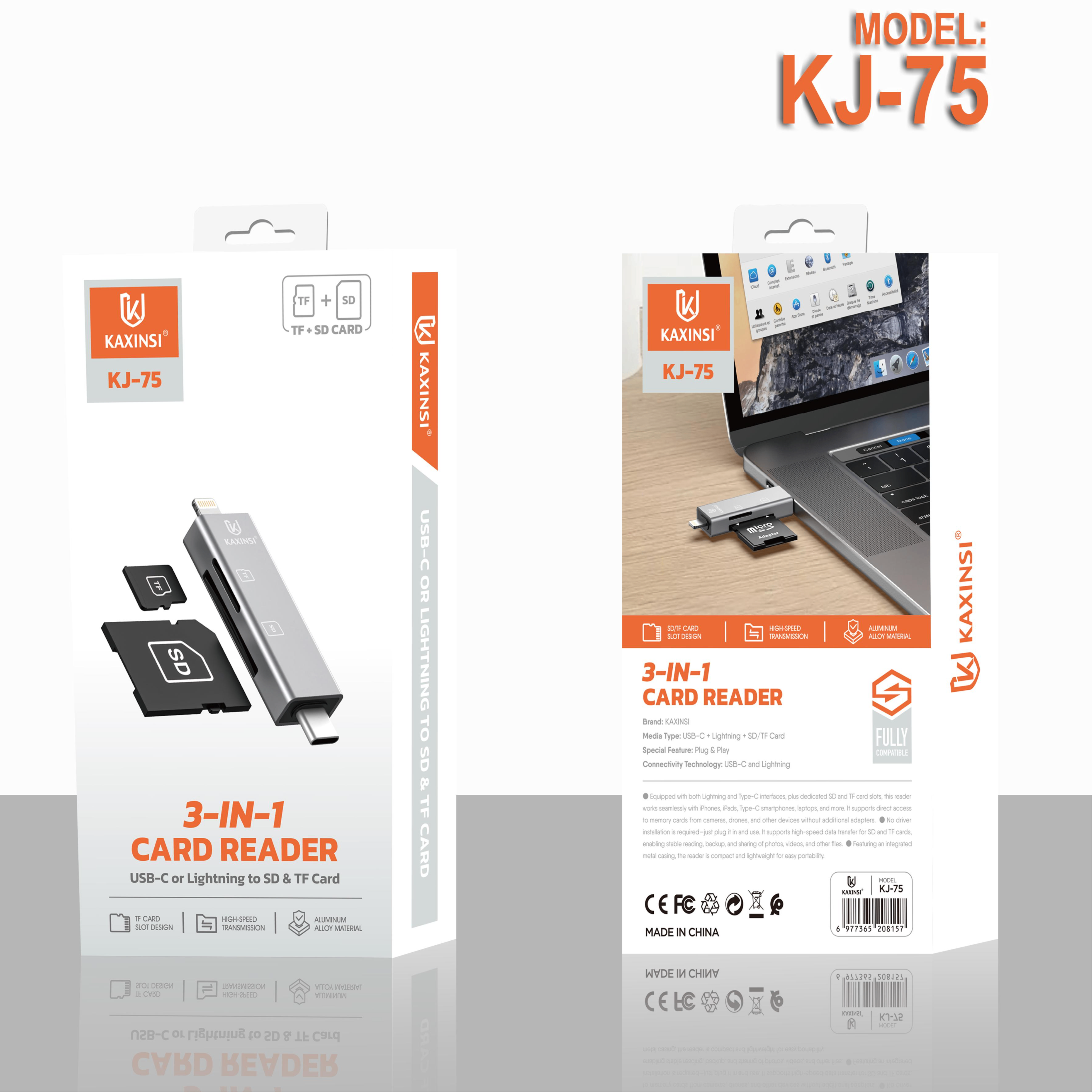 KAXINSI KJ-76  3-IN-1 Card Reader with USB-C or USB-A to SD & TF Card