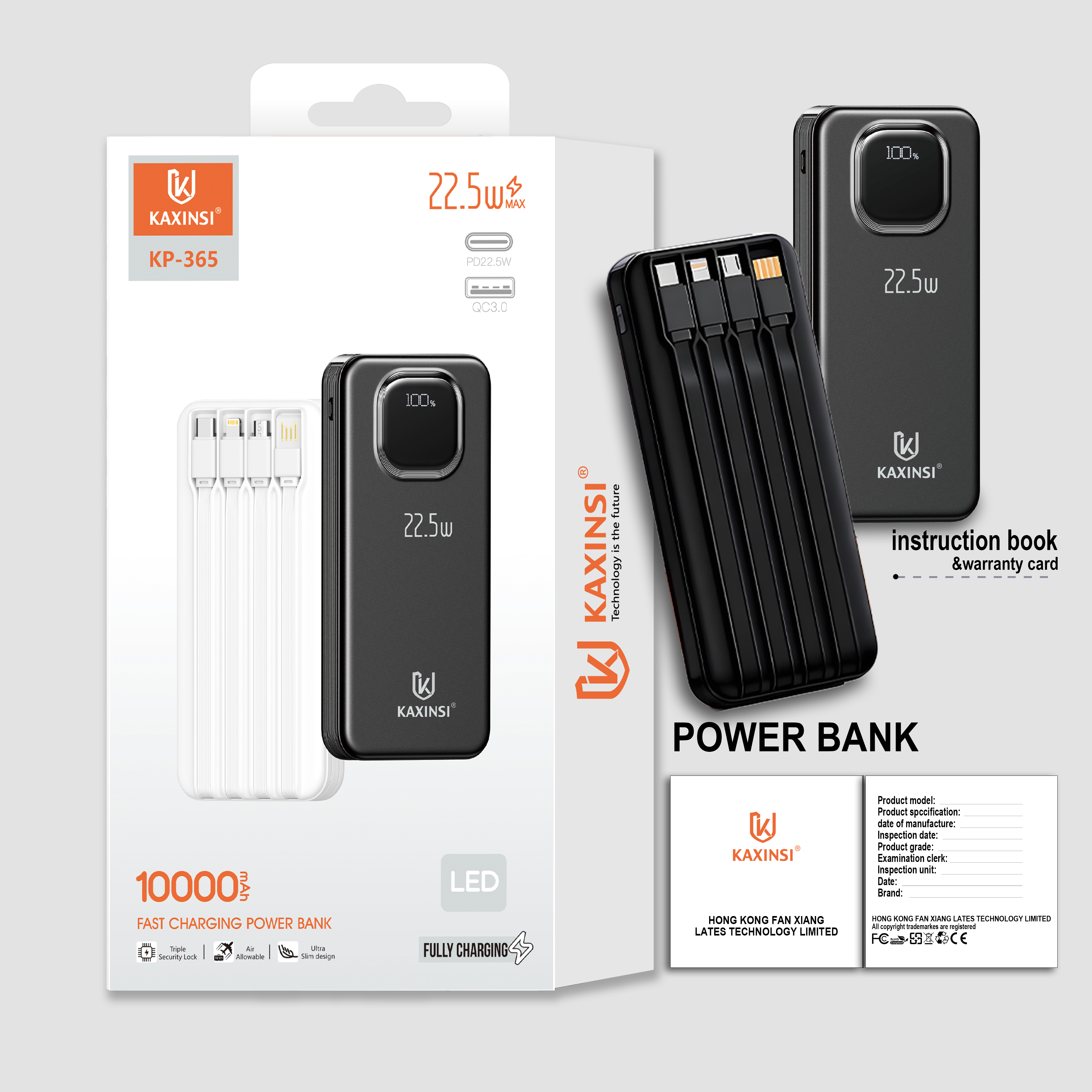 KAXINSI KP-365 10000mah 22.5W LED Fully Charging Power Bank withlightning, T-C, Micro-USB and USB-A Input cables and 2 USB-A and 1 USB-C