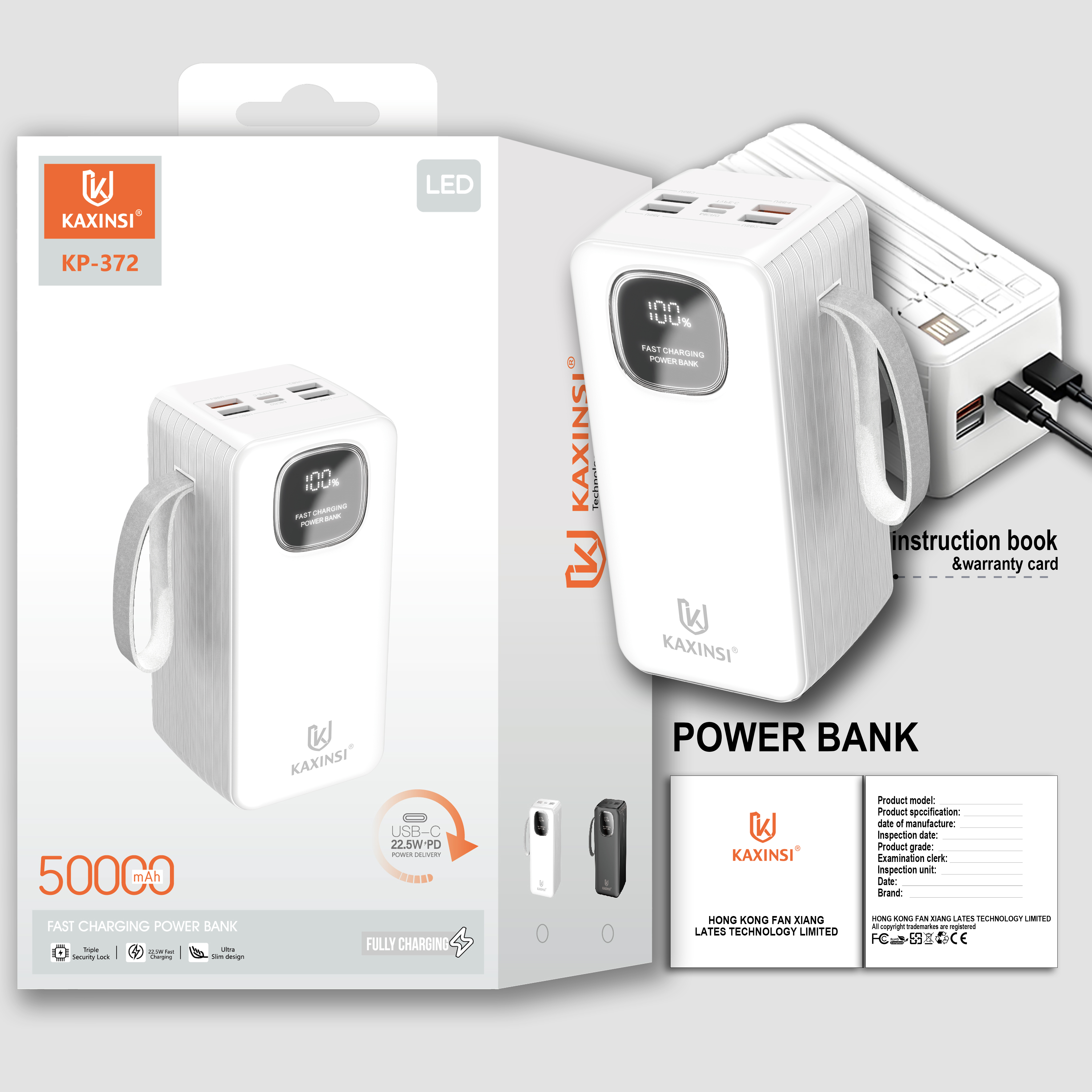 KAXINSI KP-372 50000mah 22.5W LED Fully Fast Charging Power Bankwith lightning, T-C、 Micro-USBand USB-A cables and 4 USB-Aand 1 USB-C and one Micro