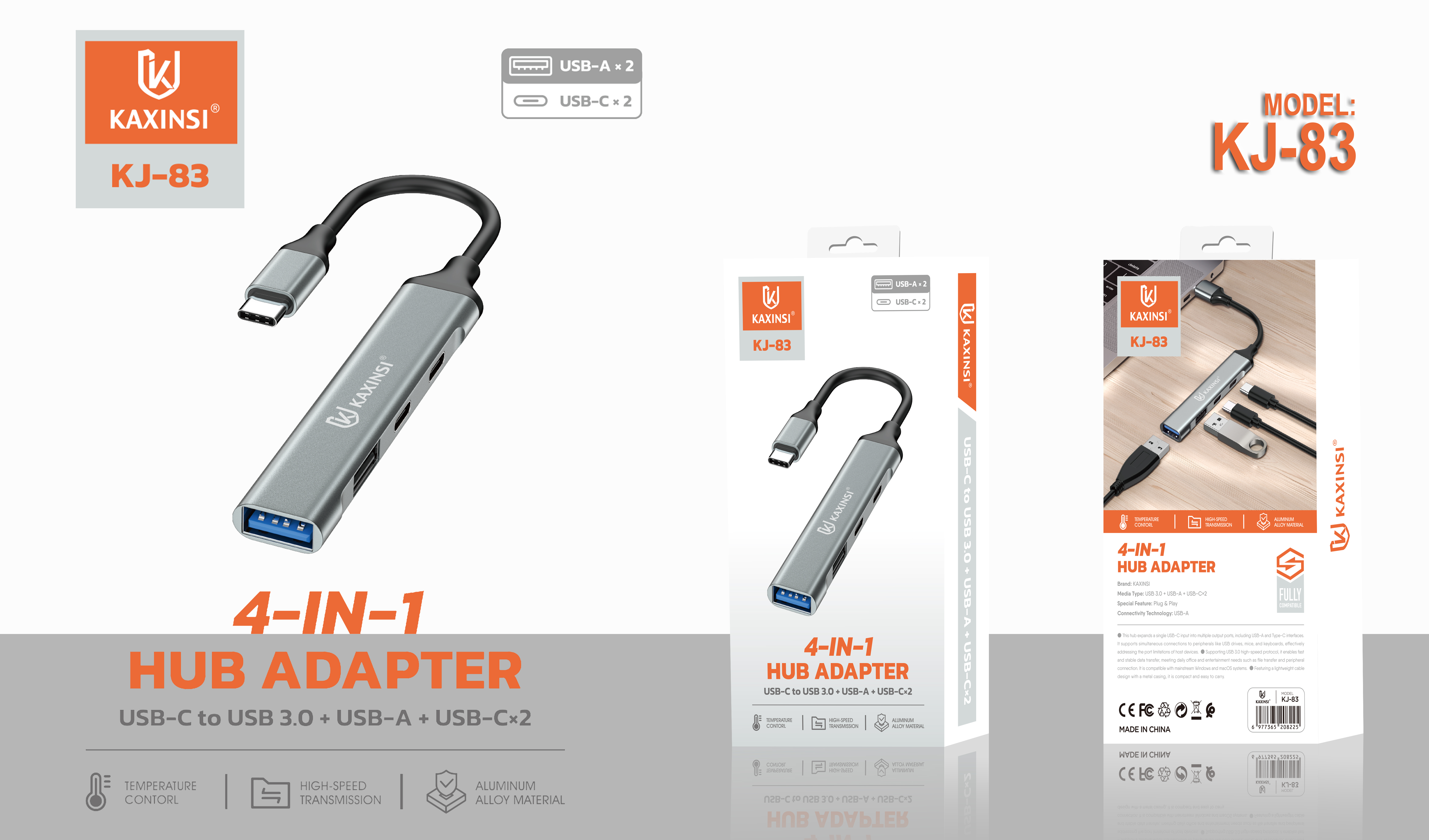 KAXINSI KJ-83: 4-IN-1 HUB Adapter USB-Cto USB 3.0 + USB-A + 2 USB-C