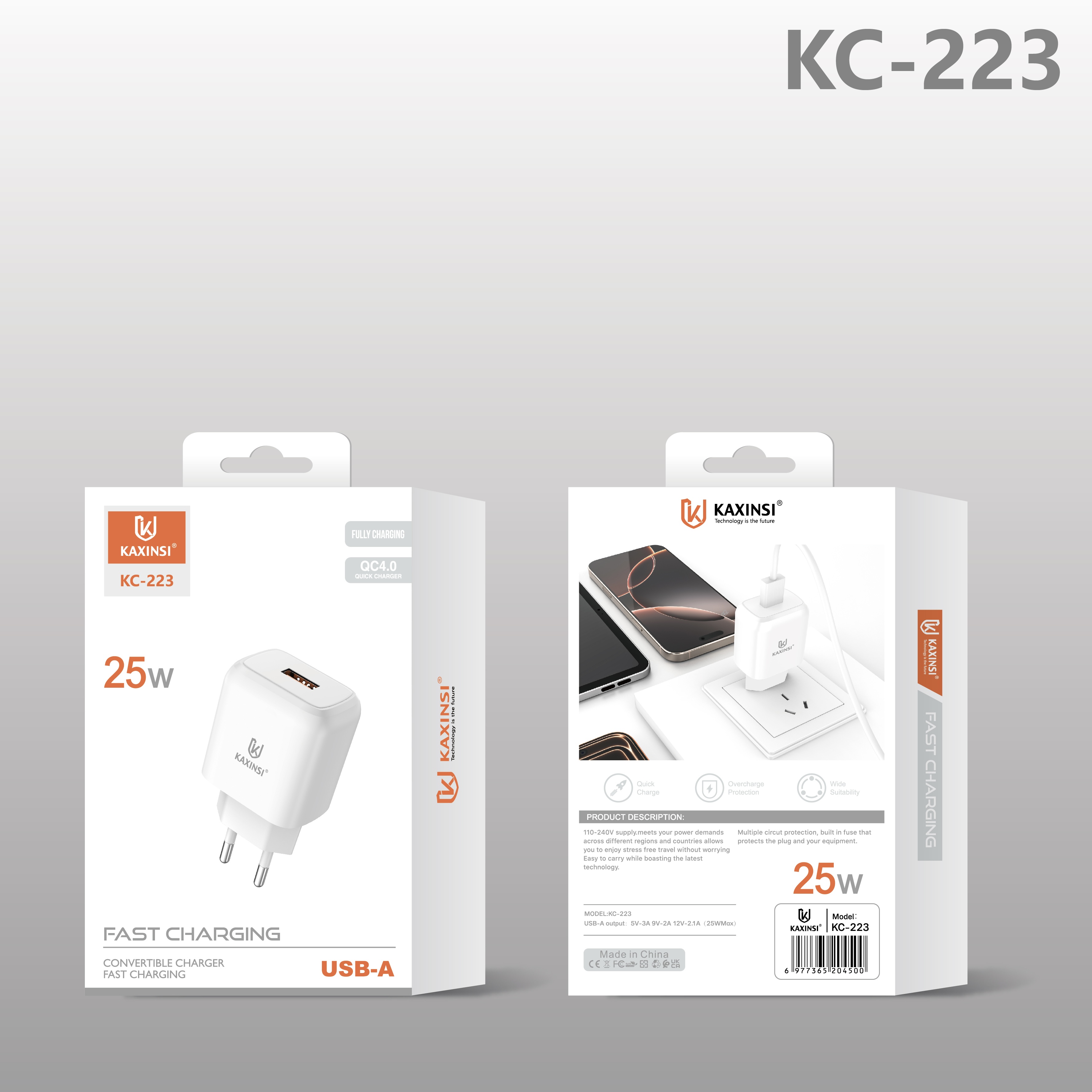 KAXINSI KC-223 EU 25W fast charging with convertible charger and USB-A