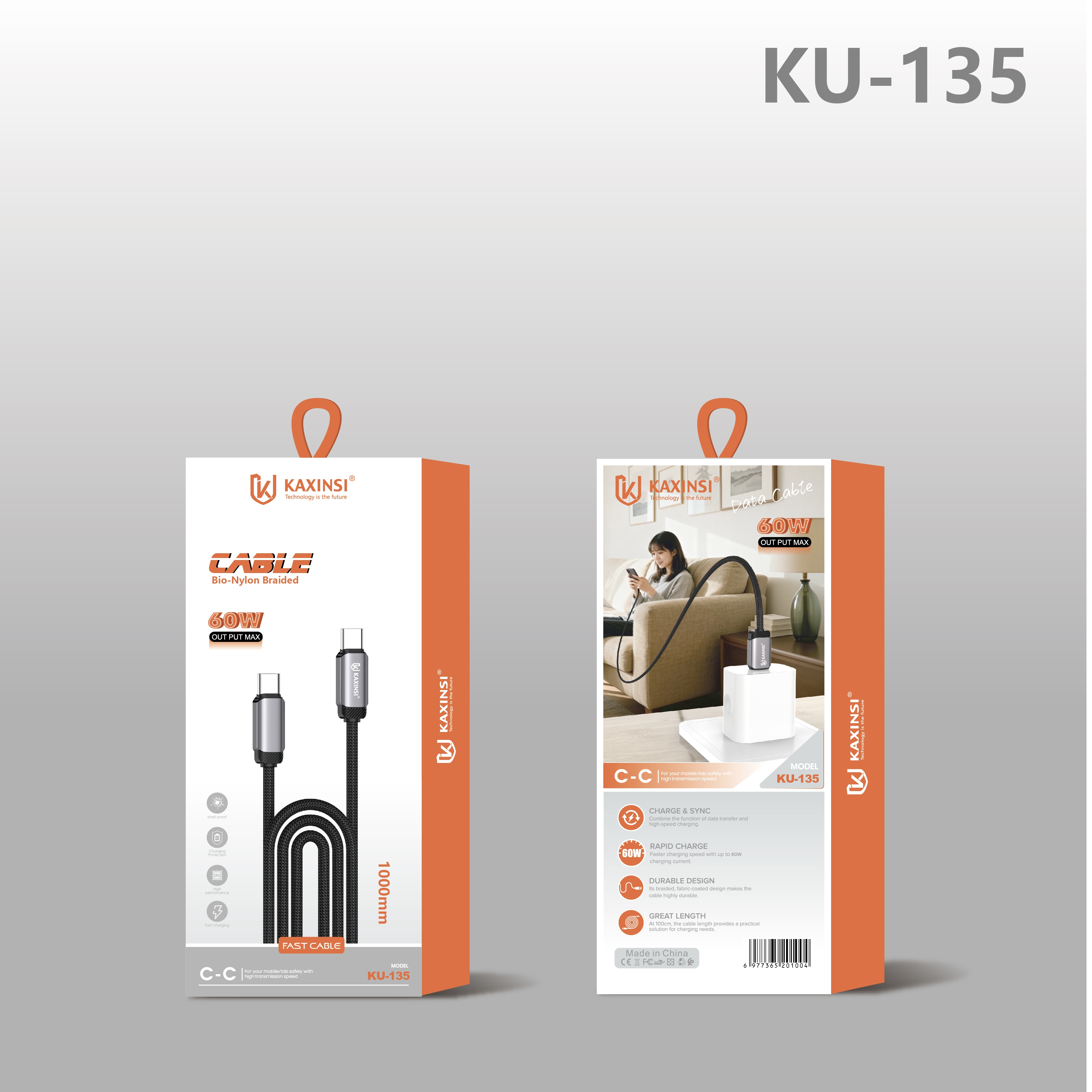 KAXINSI KU-135  60W output Max Type-C to Type-C Bio-Nylon cable