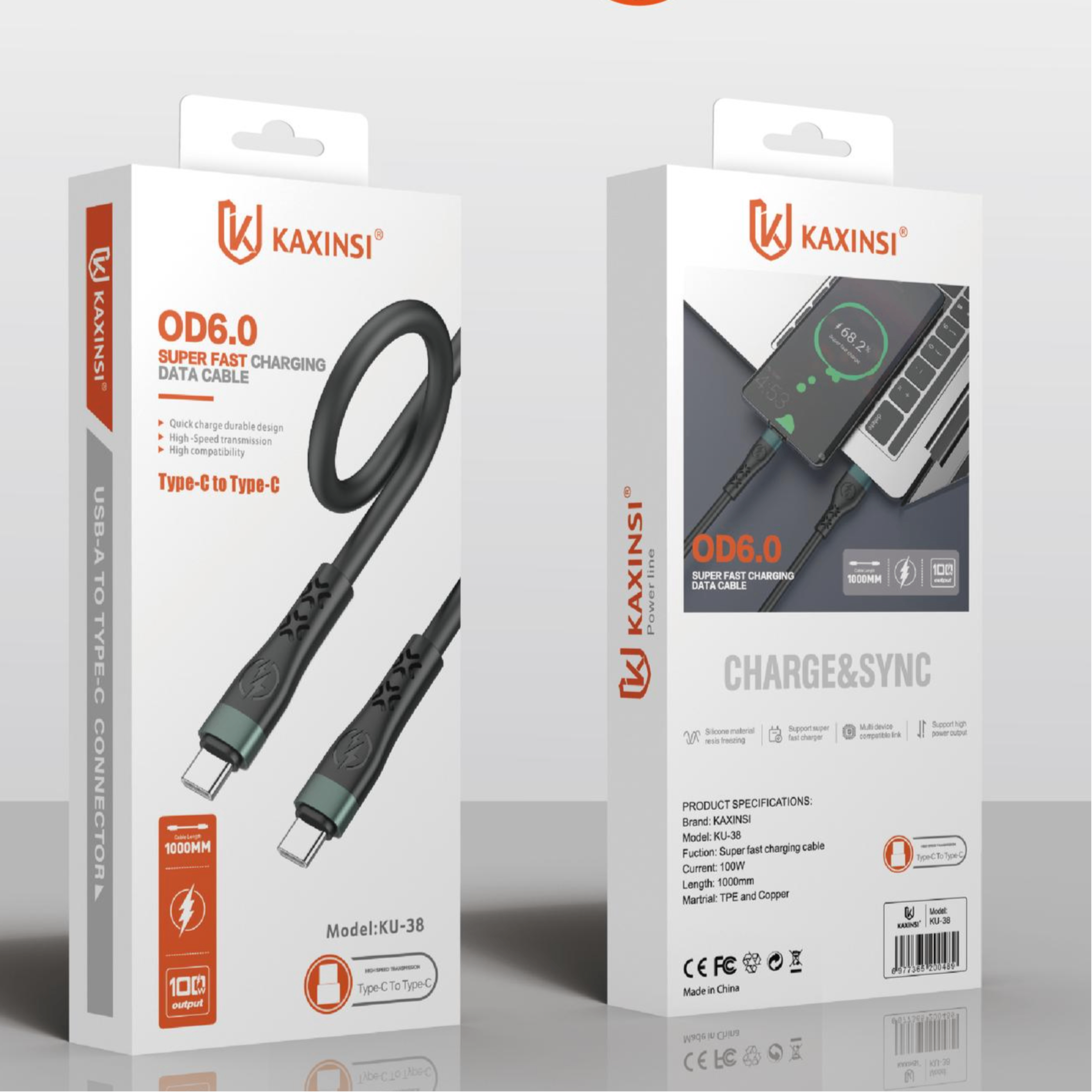 KAXINSI KU-38 OD6.0 1Meter 6A Super fast-charging data cable C-C