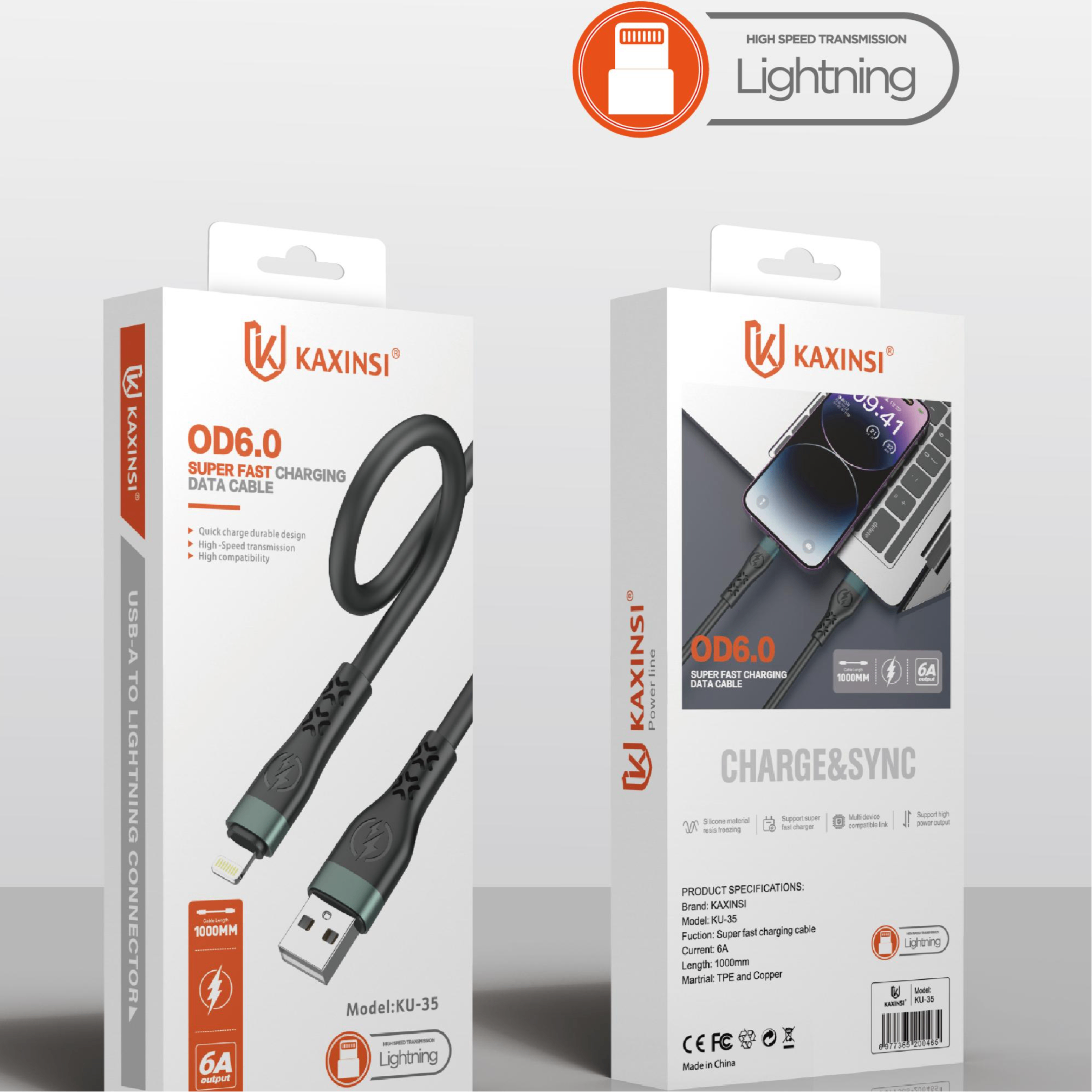 KAXINSI KU-35 OD6.0 1Meter 6A Super fast charging data cable Lighting