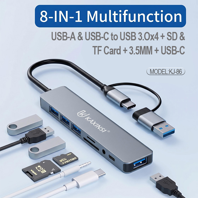 KAXINSI KJ-86 8-IN-1 HUB Adapter USB-A& USB-C to USB 3.Ox4 + SD &TFCard +3.5MM + USB-C