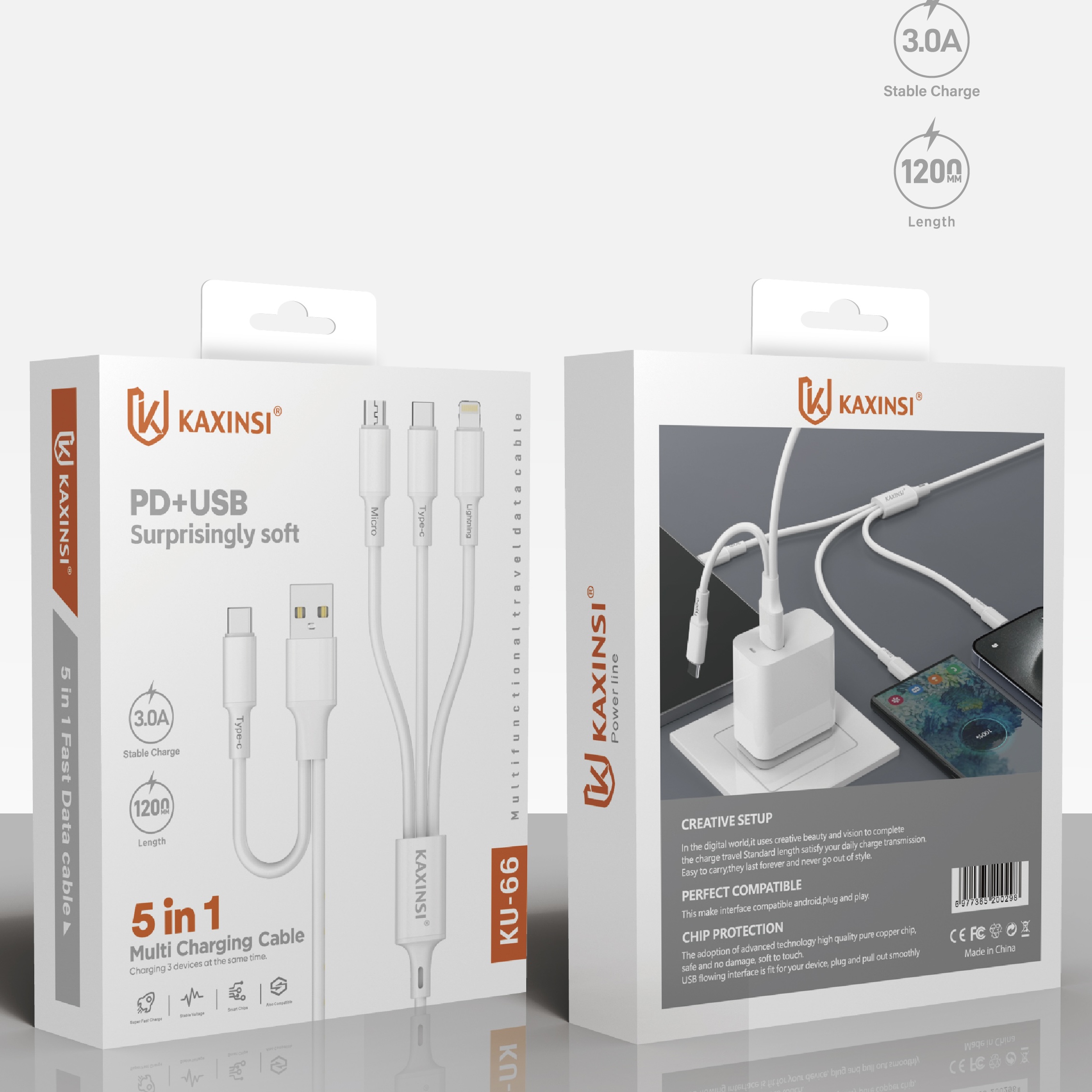 KAXINSI KU-66 3A 5 in 1 Surprisingly soft PD+USB charging cable with multi functional travel data cable