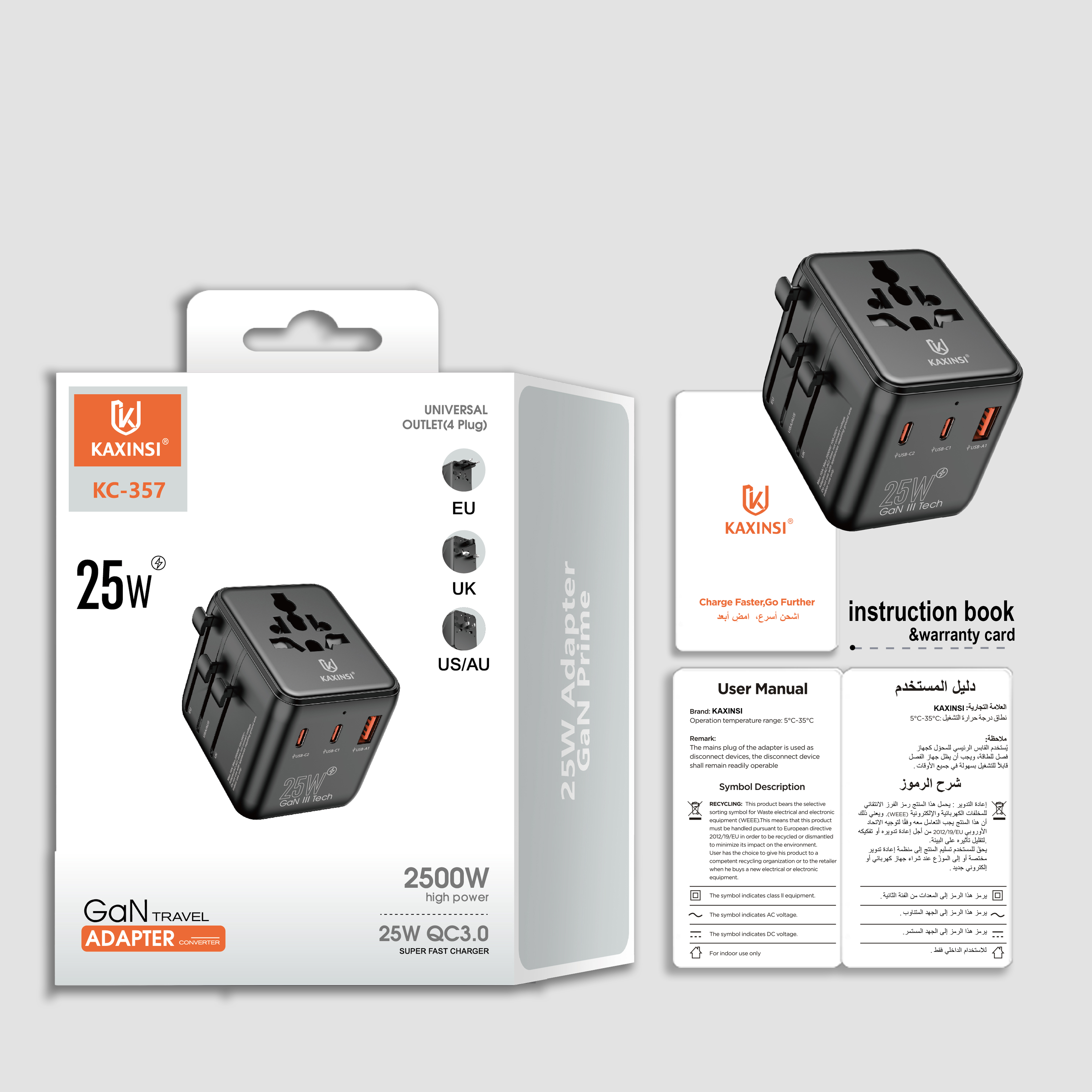 KAXINSI KC-357 EU UK US/AU GaN travel adapter 25W fast charging with convertible charger and USB-A+two USB-C