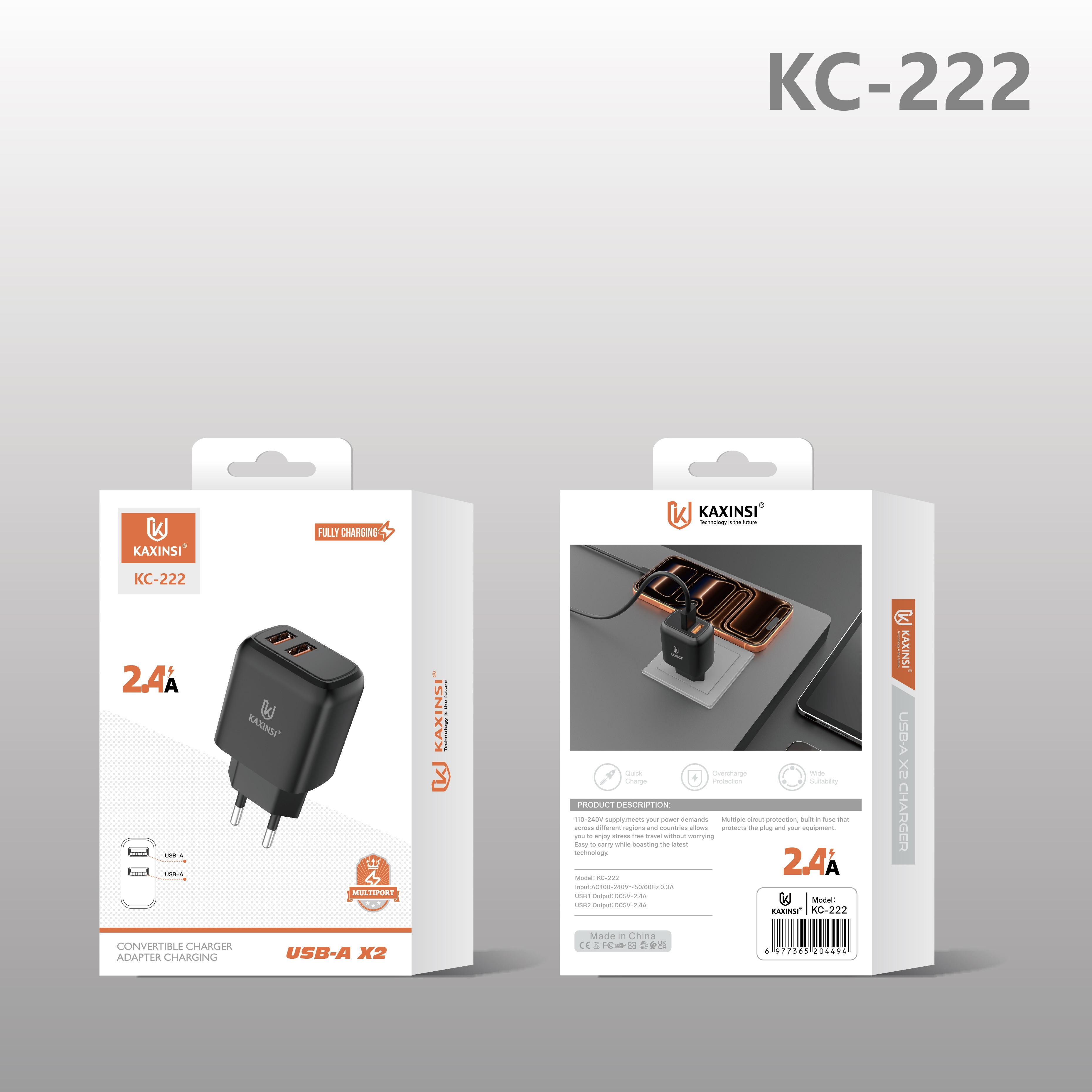 KAXINSI KC-222 EU 2.4A Convertible charger with adapter charging and two USB-A