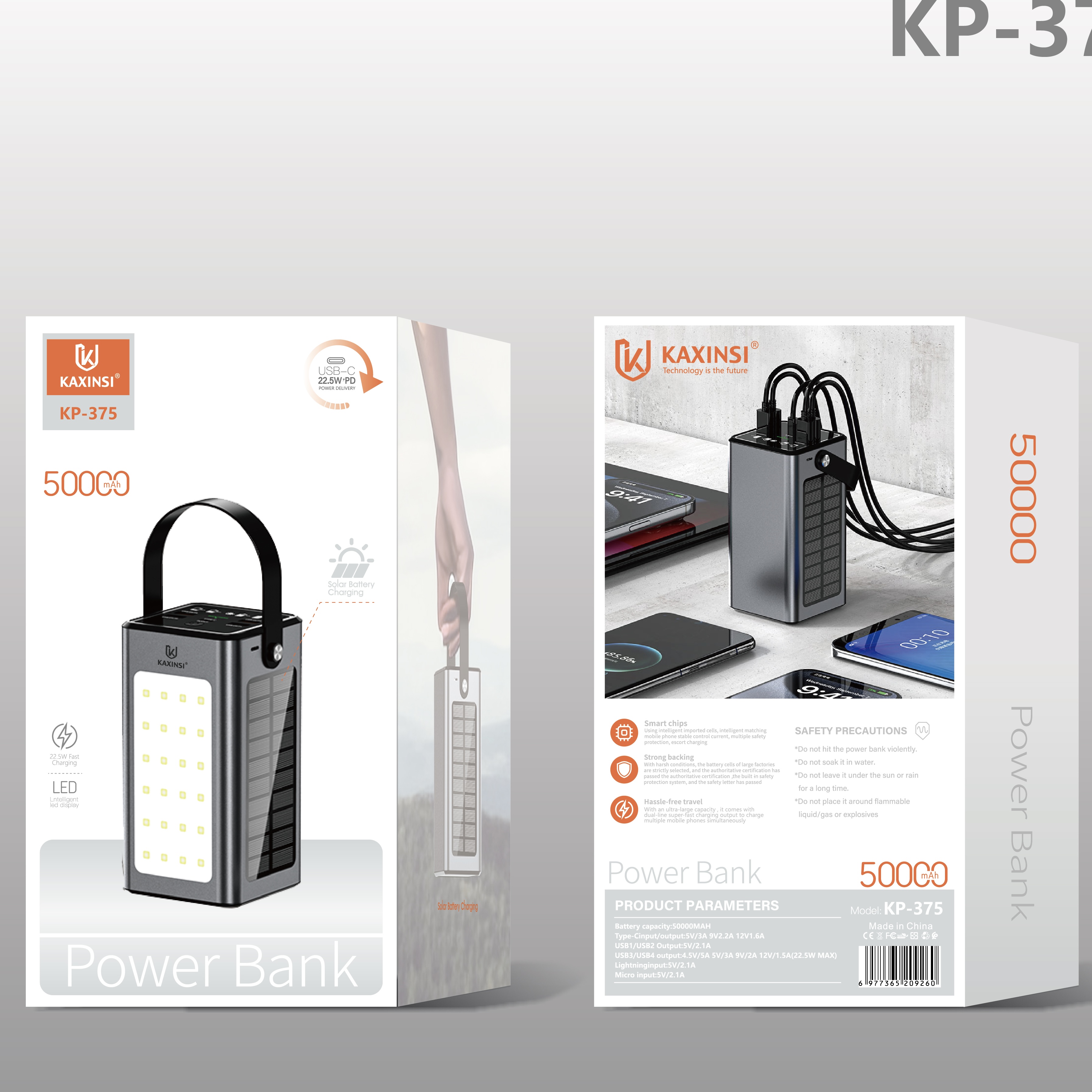 KAXINSI KP-375  50000mah 22.5W LEDSolar Battery Fast Charging powerbank