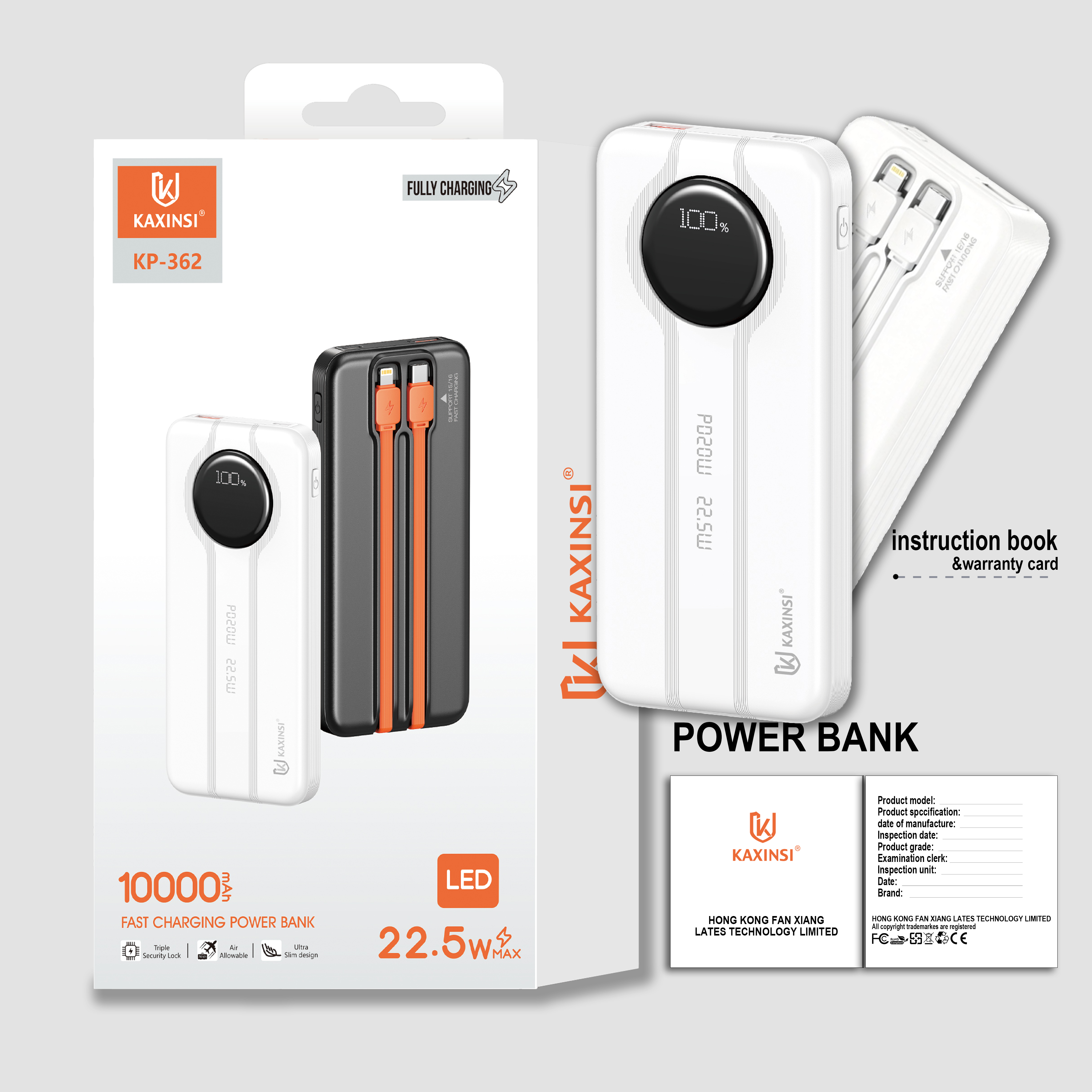 KAXINSI KP-362 10000mah 22.5W LEDFully Charging Power Bankwith lightning and T-C cableoutput and USB-A and USB-C