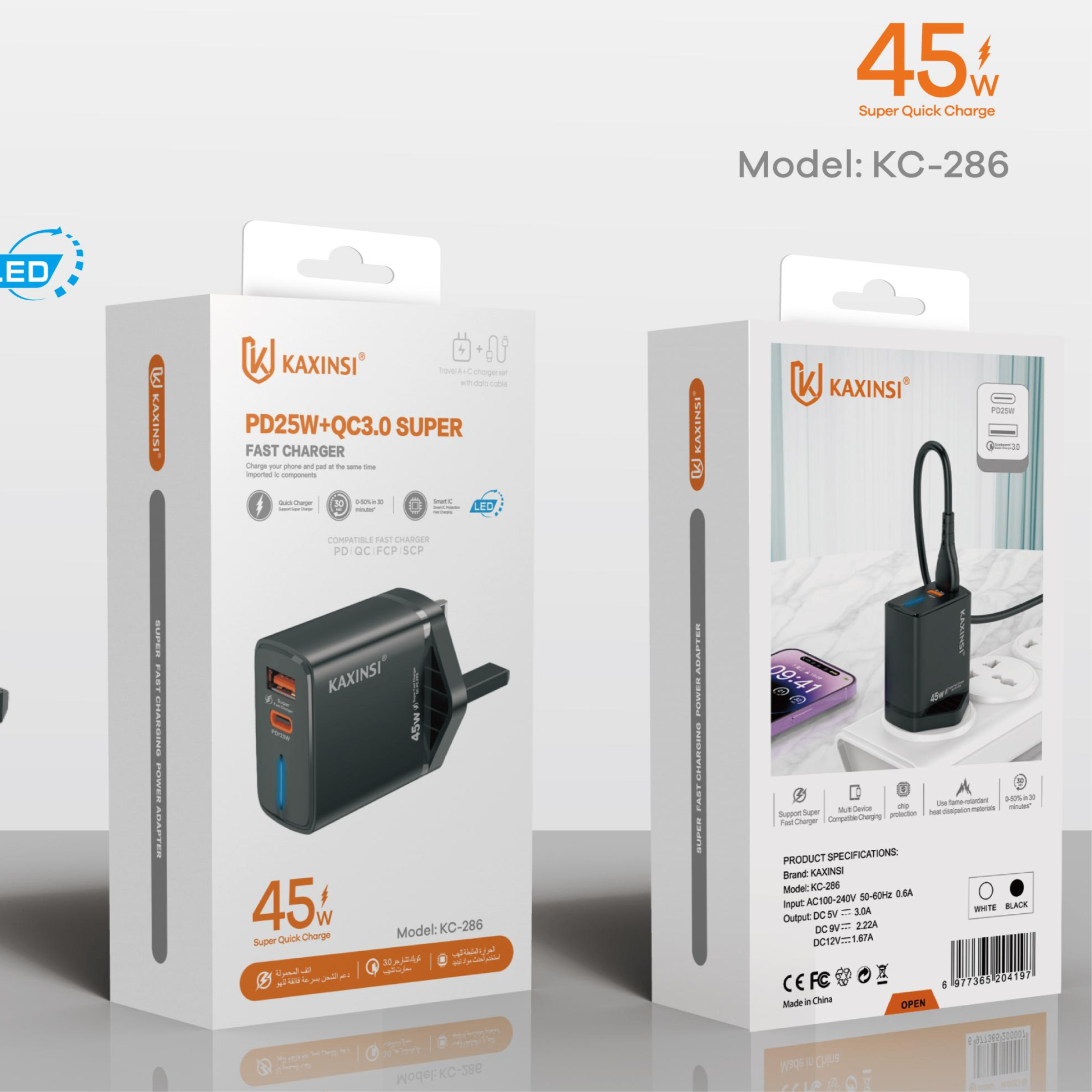 KAXINSI KC-286 UK 45W Super fast charging with USB-C+A and PDcable