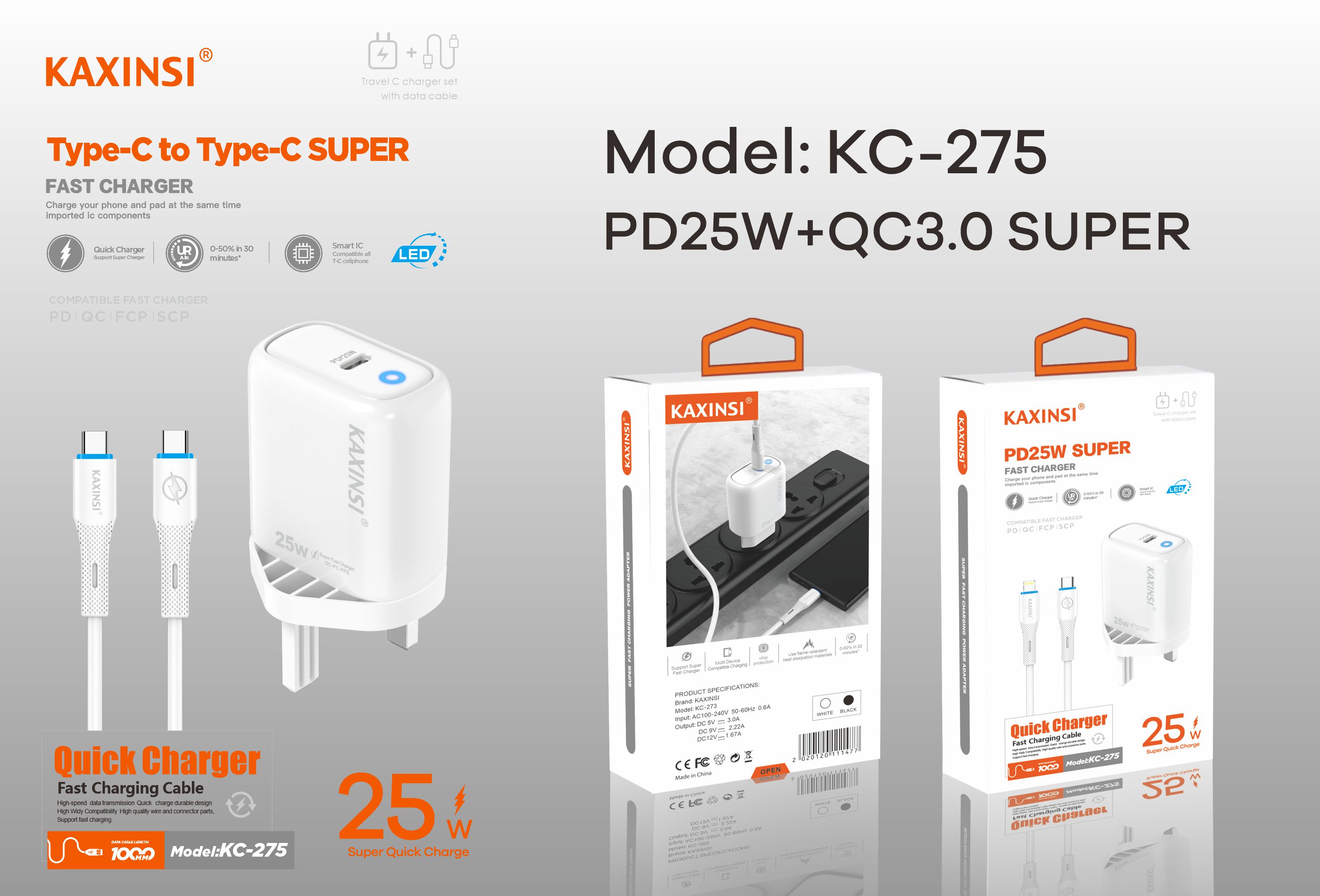 KAXINSI KC-275 UK 25W fast charging with USB-C and PD cable