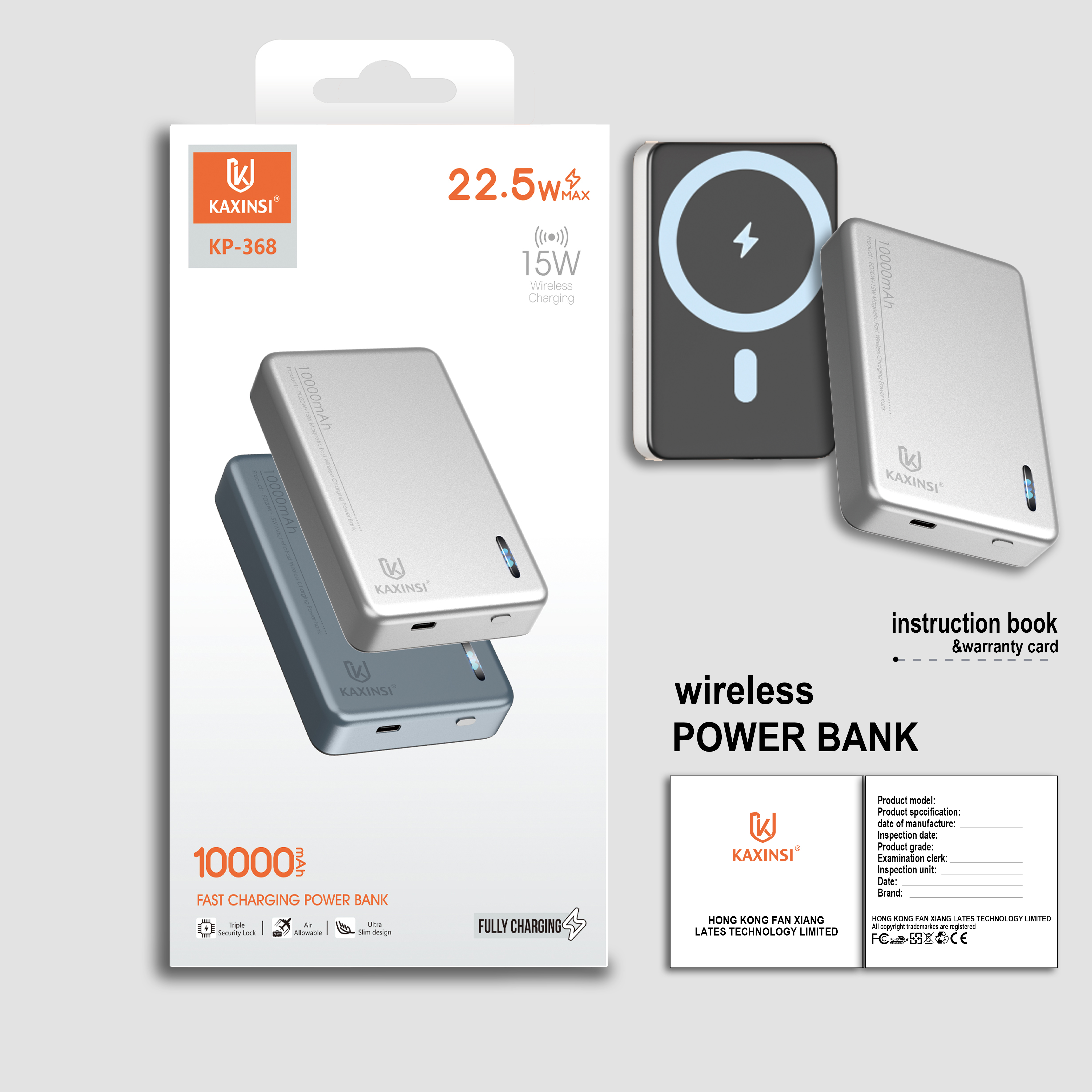 KAXINSI KP-368 10000mah 22.5W FastCharging Power Bank with USB-Cand 15w Wireless Charging